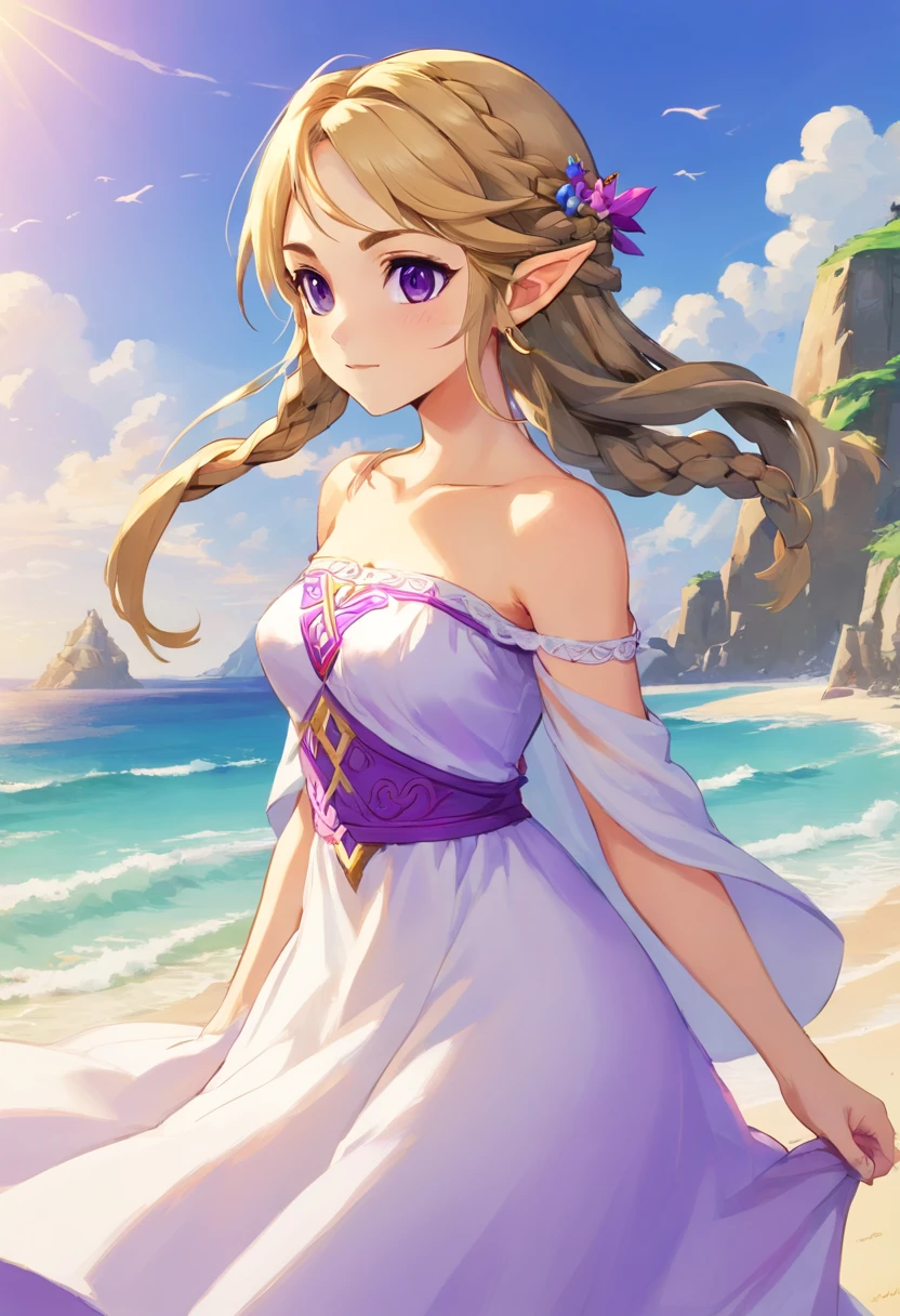 1girl in,hight resolution,  hiquality,  masutepiece, MXMK White Dress,  Bare shoulder, violet eyes, white dres, braid, shock, Beach