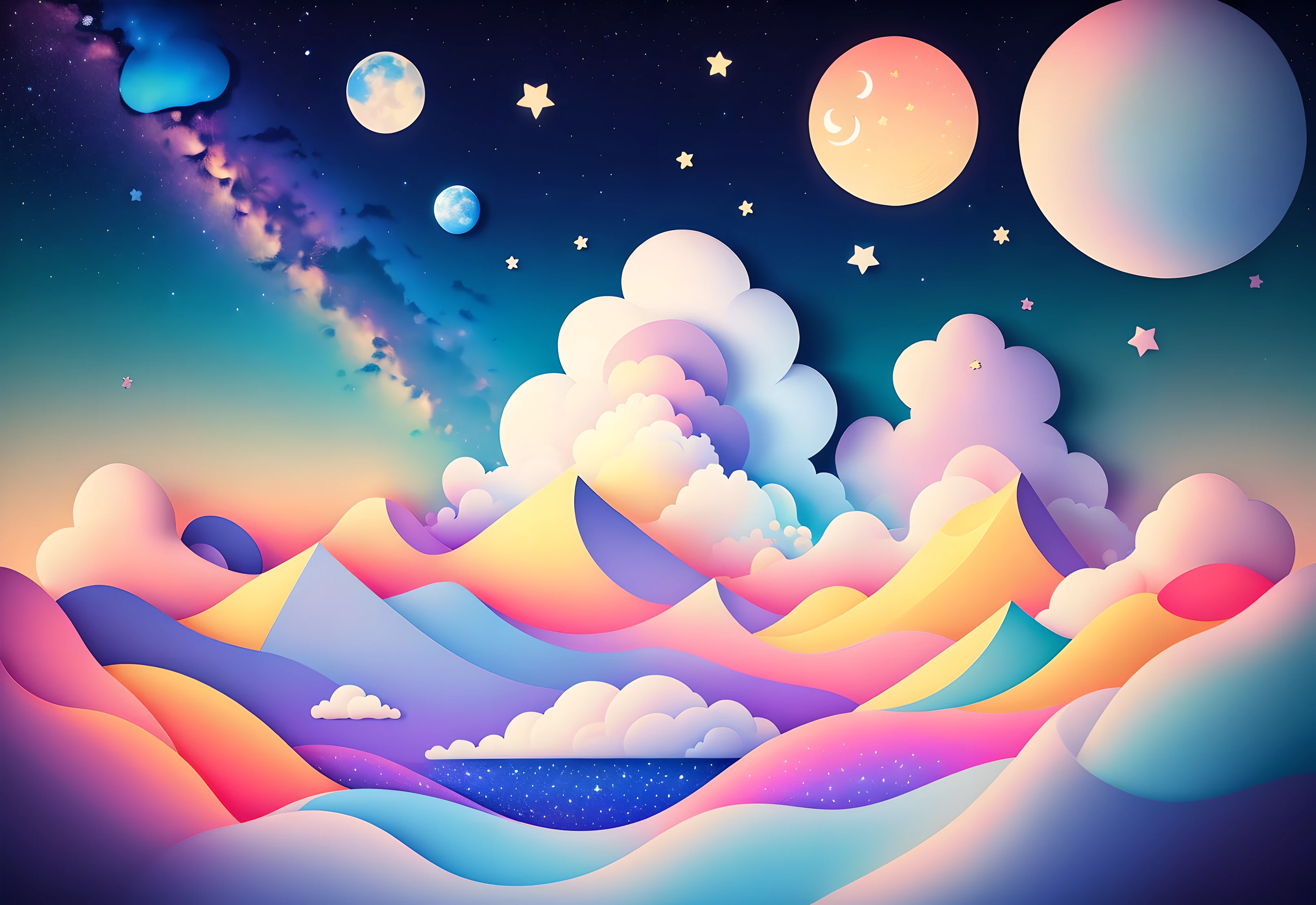 masterpiece, best quality, high quality, High definition, highly detailed 12k wallpaper of a kawaii sky with clouds, stars and moon, kawaii and aesthetic, pastel triadic colors, paper_cut