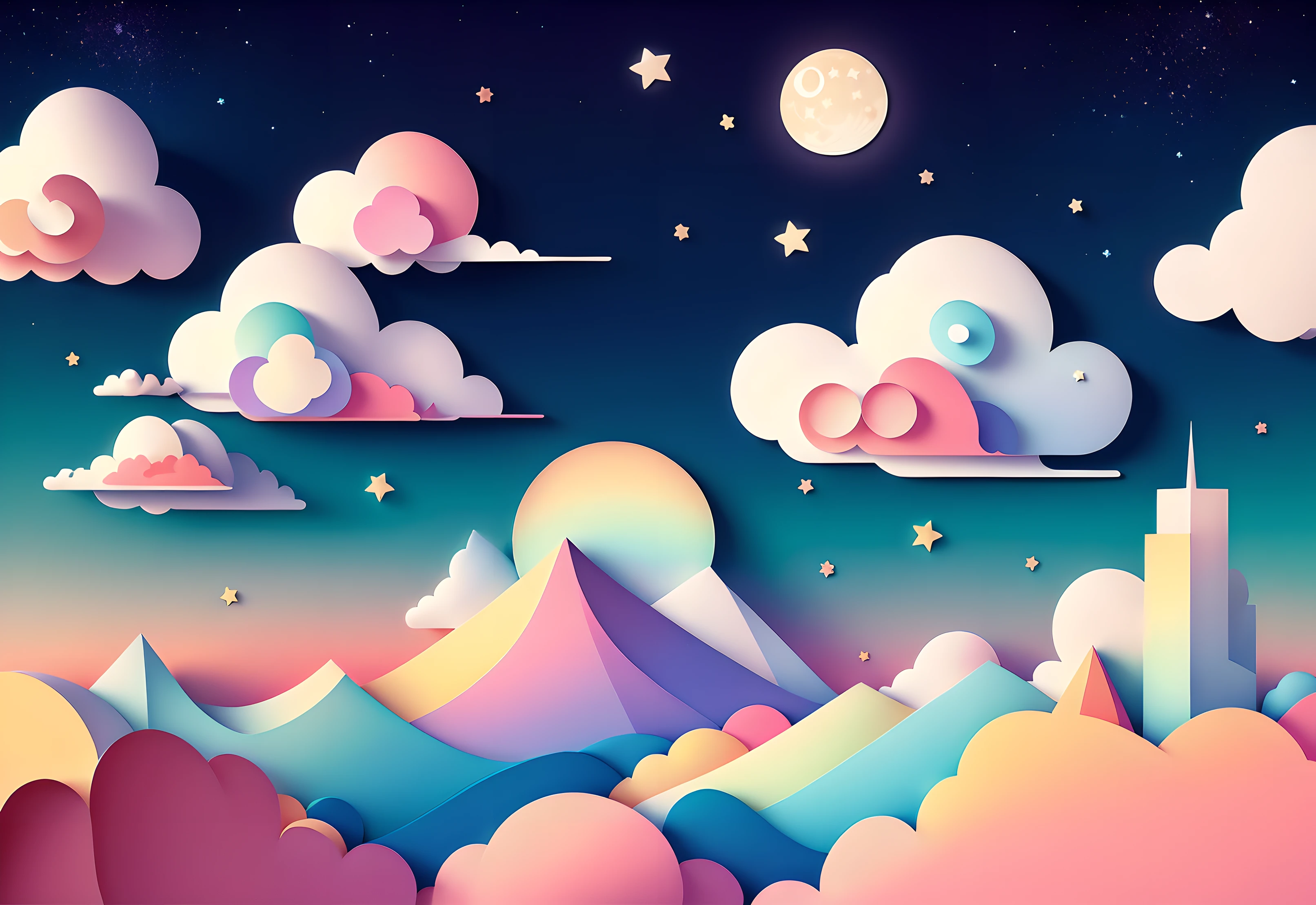 masterpiece, best quality, high quality, High definition, highly detailed 12k wallpaper of a kawaii sky with clouds, stars and moon, kawaii and aesthetic, pastel triadic colors, paper_cut