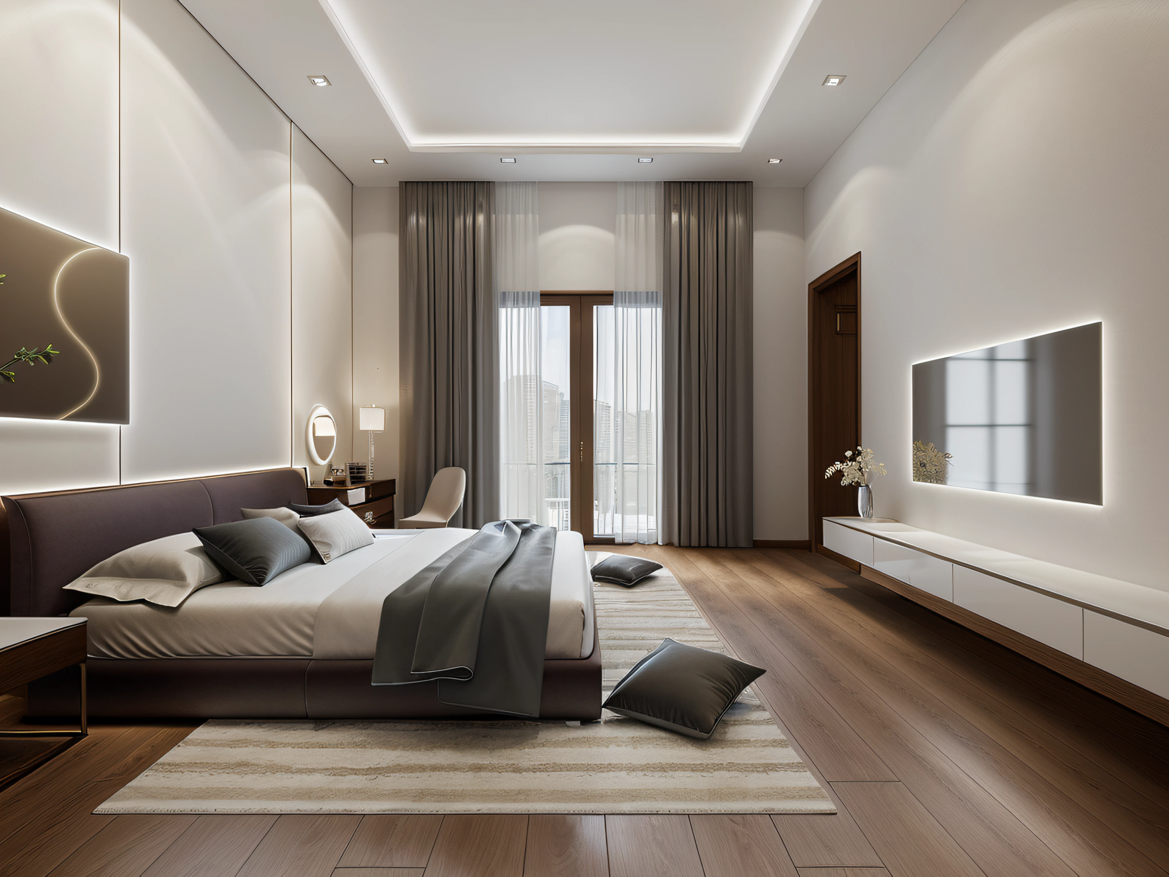 luxury master bedroom , (Bedside decoration wall)(Arched glass windows),white wall,arm chair,recessed LED lights,tab, light on tab,makeup table,(((make-up mirror))), white flat plaster ceiling,((glossy mdf headboard wall)), (Sharp straight ceiling lines),(((glass windows))),curtain,(light from the window), spot light,(((glossy wooden floor))), mirror,warm atmosphere,indoor, nighlight, shimering light, cinematic lighting,ender in vray, vray render, luxury hd render,Extremely high image rendering, dark light, rugsuper photo quality,8k photo quality,((sharp interior)),(Sharp rendering images),(Award winning design), ((Modern chandelier)),(((modern wall lamp))),modern rug ,bright tones,luxury space,((surreal image quality)) (accent lighting) ,recessed ceiling lights,indoor, nighlight, shimering light, cinematic lighting,Hyper-realistic photo rendering,warm light,((The sharpest quality of lines))
