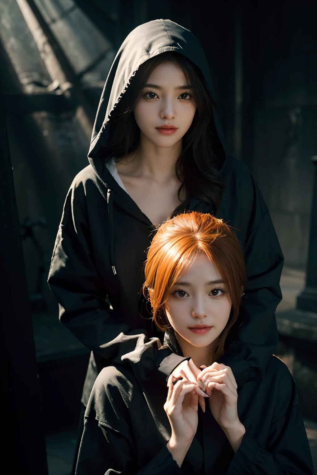 Cute hooded girl,The Grim Reaper emerges from the swirling shadows.Stand in the Cemetery of Forgotten Souls.(Female Grim Reaper Protecting a Girl from Behind:1.3,)Wielding a scythe,(Light brown and light orange striped hair:1.3,),Dark makeup,Beautiful breast slip、A smile that makes the viewer happy,Perfect face,Proper body proportion,masutepiece,High-quality output images,超A high resolution,Intricate details,Very delicate and beautiful hair,photographrealistic,Dreamy,Professional Lighting,realistic shadow,Beautiful hands,Beautiful fingers,Detailed finger features,detailed clothes features,Detailed hair features,detailed facial features,Style fighting games,Style RPG