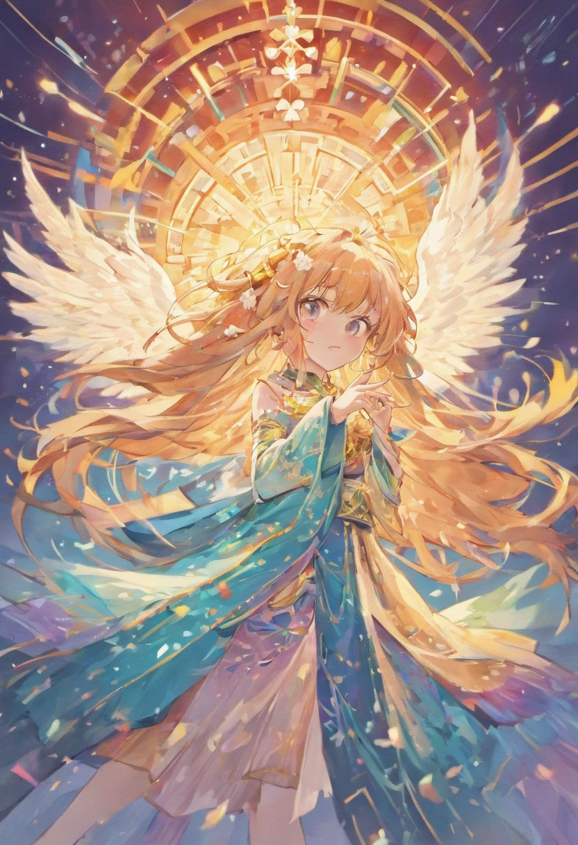 (Chinese illustration paper art gorgeous multicolored long-haired angel halo)+Clear lines isolated on white background+Quilted Paper Art Design Best 4K Images+Very detailed+Cinematic lighting effects with masterpiece quality