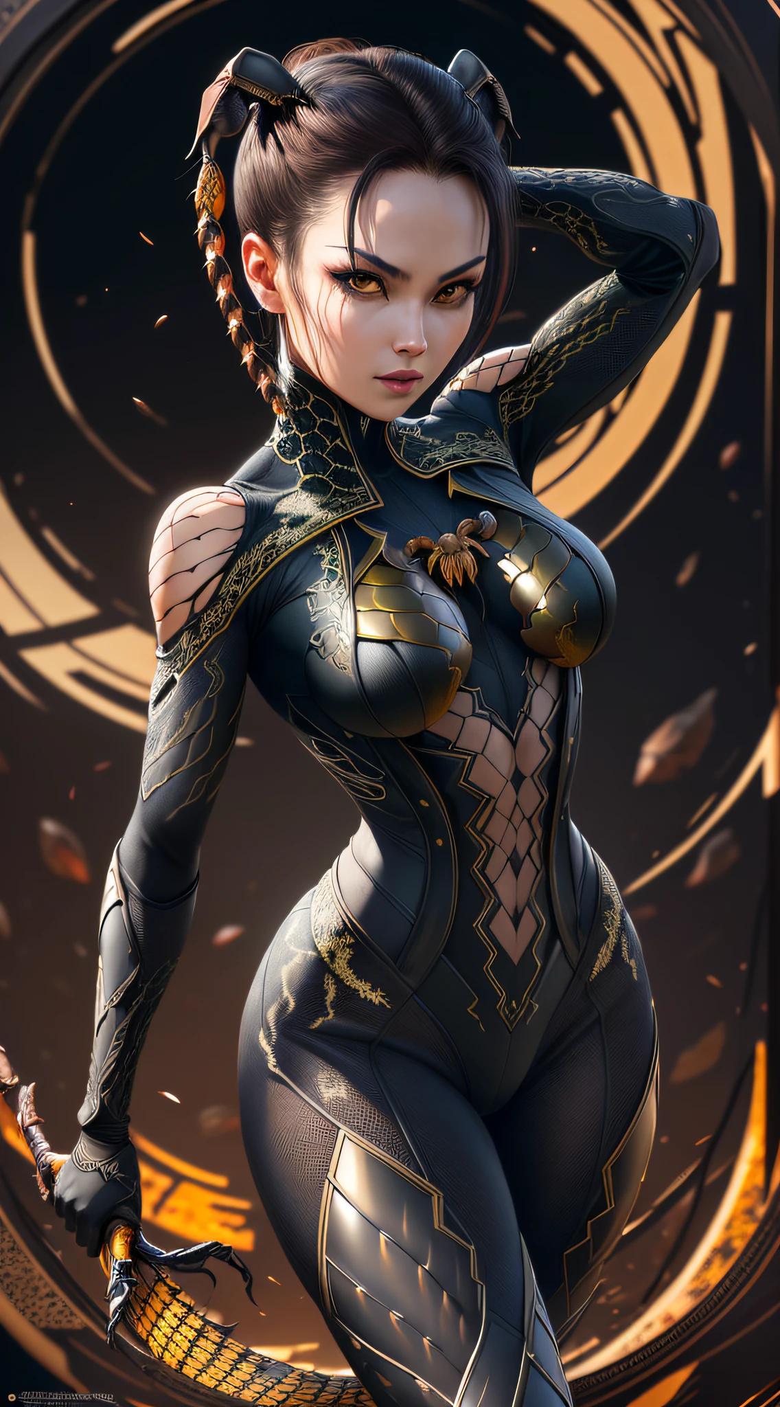 extremely detailed 8k wallpaper, intricate, richly detailed, dramatic, female ((Scorpion)) with black bodysuit, scorpion tail, pincers, assassin, ready for combat, sinister face, graphics insanely, light is reflected in the ornaments, whole person with some distance from the surroundings