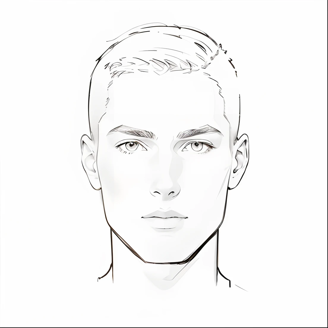 Create an image with a completely white background and a simplified silhouette of a young man's head looking forward, very short hair, make sure the silhouette is a contour drawing with no color fill and that the inside of the silhouette is also empty in white.