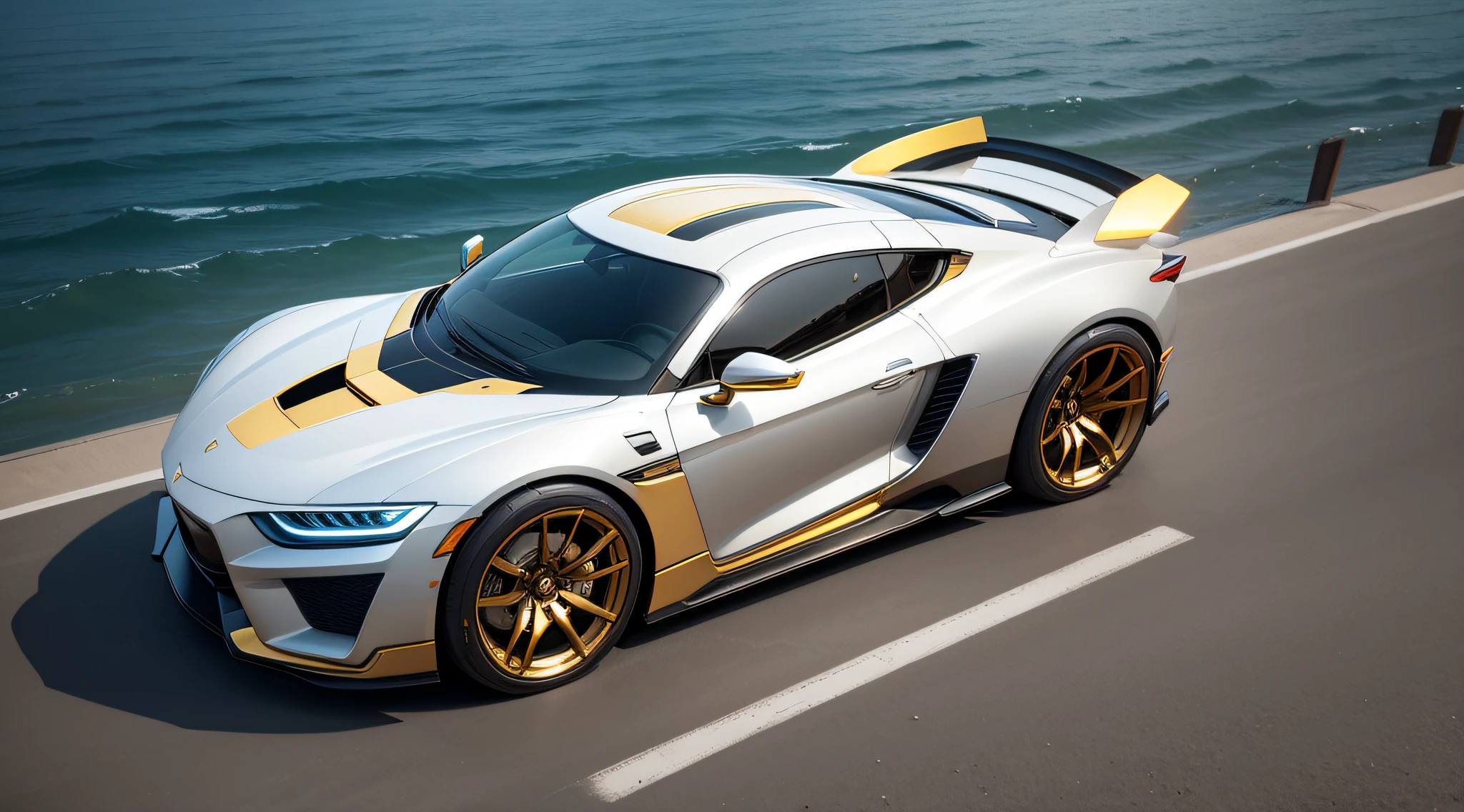 Create futuristic design cars going in the opposite direction with a mansorycar inspired dock with silver metal with gold trim and carbon colored hulls and a gray teak deck with bikini beauties on deck, 5pm