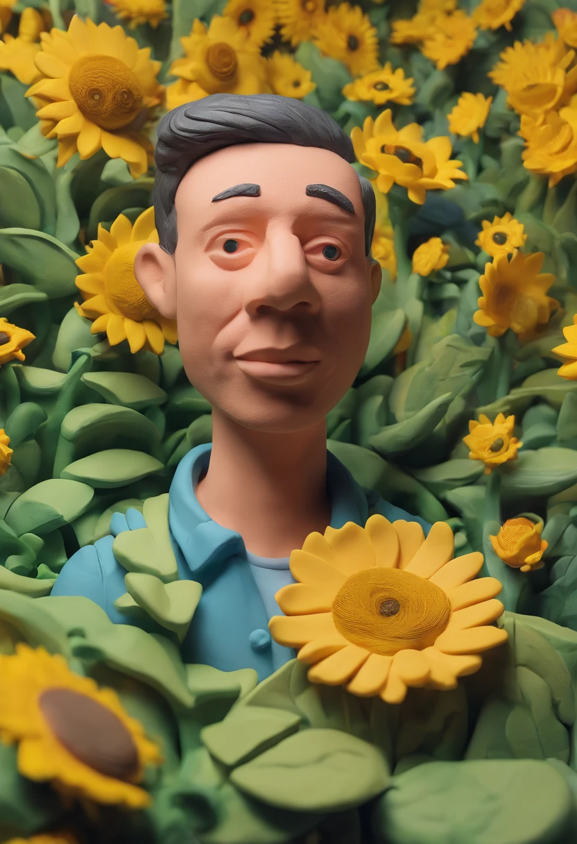 retrato dos homens, The garden is full of sunflowers, material de argila, estilo de design cartunesco, POP Mart, soft lighting, linhas suaves, Lentes Tilt-Shift, detailed science fiction illustrations, Detalhes hiper-realistas, cor quente