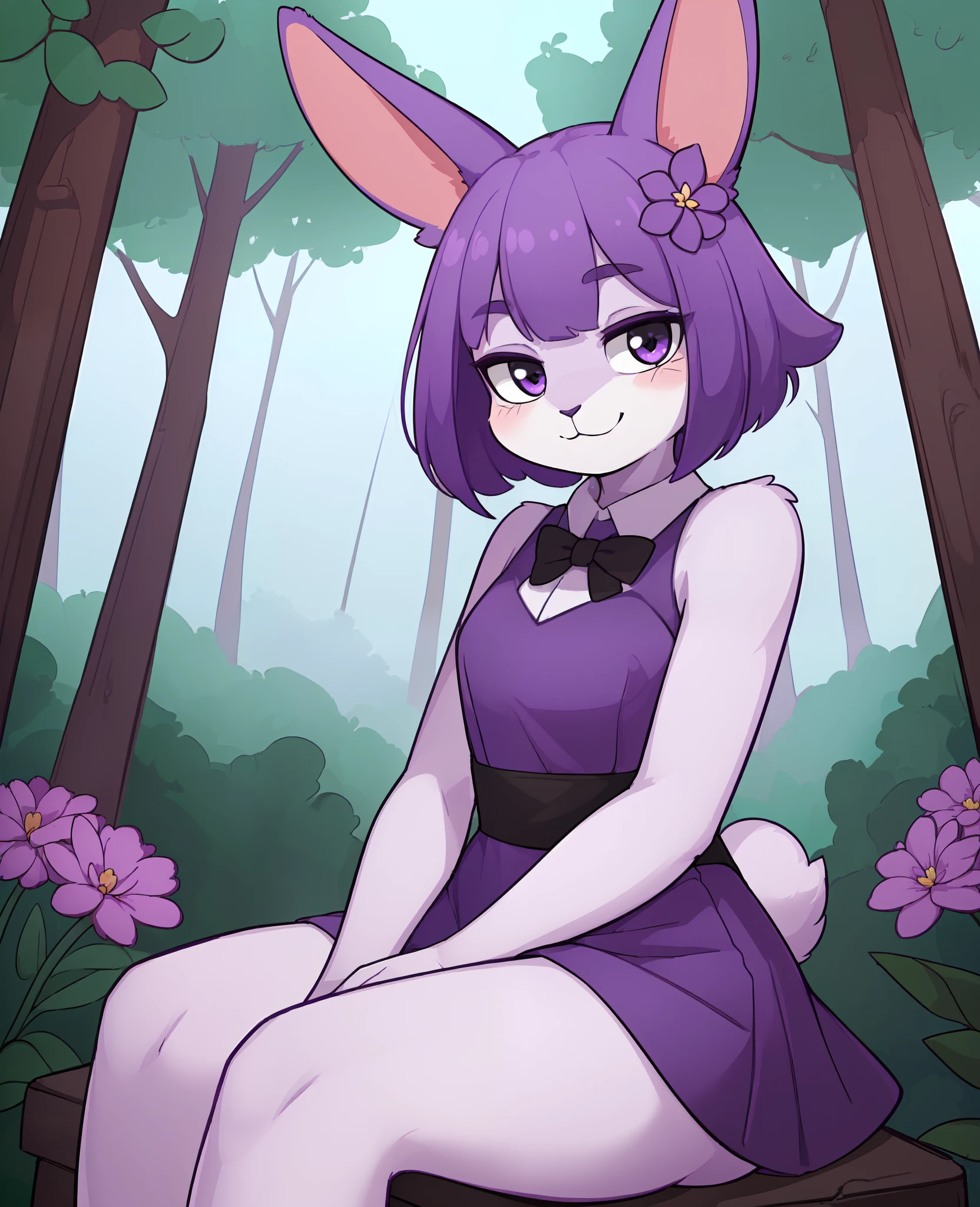 (best quality, highest quality, inticate, highres, 8k, anthropomorphic, furry, uploaded_on_e621:1.4), cute rabbit furry girl,furry female,rabbit ears,purple hair, purple dress,sleeveless, purple skin,in forest,looking at viewer,smile,closed mouth,flowers,slightly above,