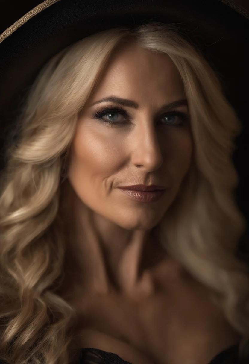RAW photo of sexy 44 year old woman, fit, natural skin, long blonde hair, wearing a tiny, sexy Halloween witch costume, Photorealistic, Hyperrealistic, Hyperdetailed, low cut, detailed skin, soft lighting, realistic, masterpiece, best quality, ultra realistic, 8k, Intricate, High Detail, film photography, soft focus