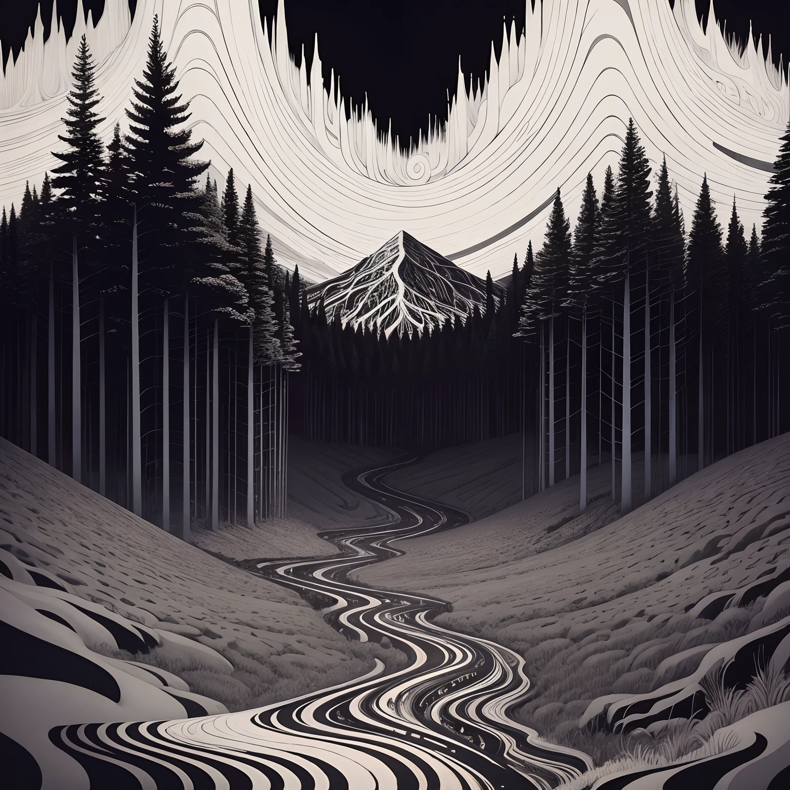 1️⃣ the cover for black box  the forest  2, in the style of stanley donwood, monochromatic op art, [jim woodring, lyrical line-work, leiji matsumoto, spiritual landscape, ultrafine detail --ar 9:16 --s 50

2️⃣ taylor swift's 'the labyrinth'  front cover by joe dimaggio, in the style of intricate psychedelic landscapes, monochrome painting, hand-drawn animation, emily carr, woodcut, mountainous vistas, coded patterns --ar 9:16 --s 50