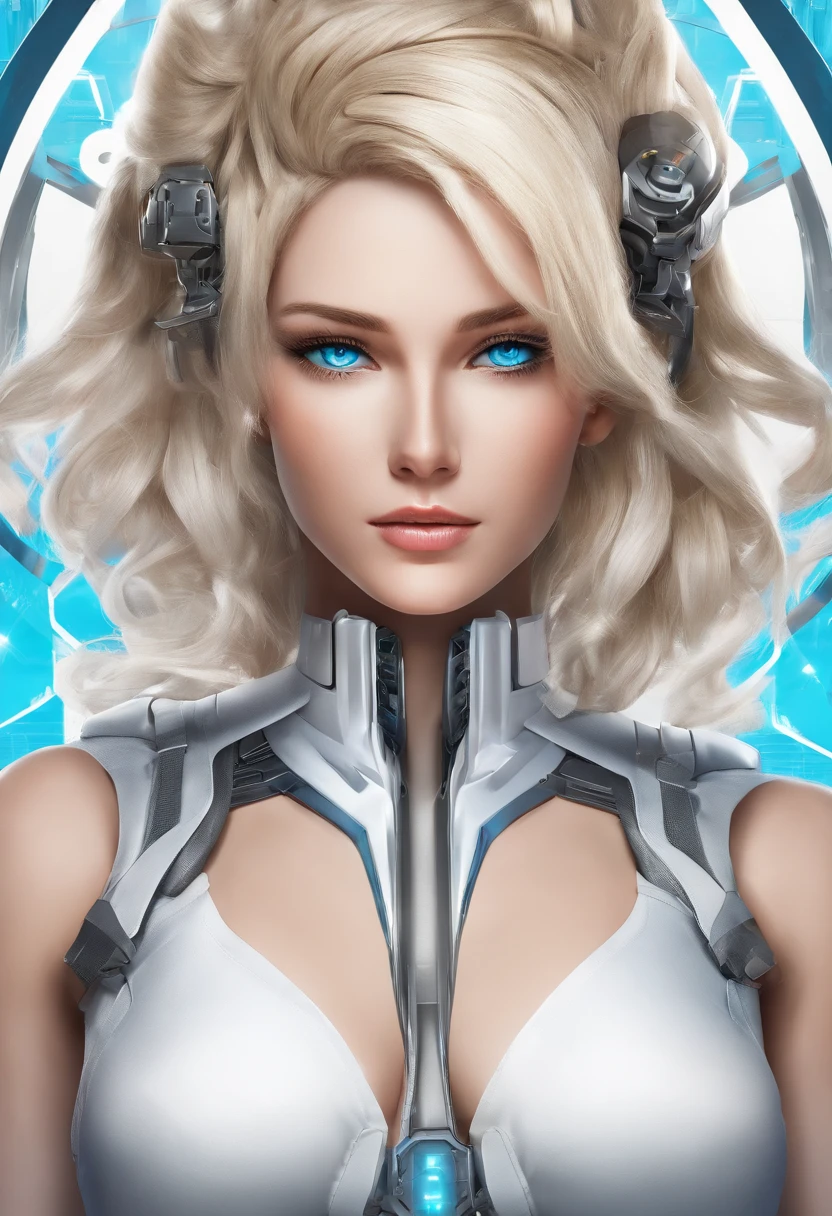 (Photorealistic:1.4) ultra realistic image of a cyber punk girl, (top-quality, 8K, 32K, masterpiece), (dynamic pose), ((facing camera)), (looking at camera), cowboy shot, ((long dark blonde straight hairs)), very large breasts with white cyberpunk armour, lipstick, ear rings and jewels,brown eyes, depth of field f/1.8, blue neon effects in cyberpunk armour, cinematic lighting