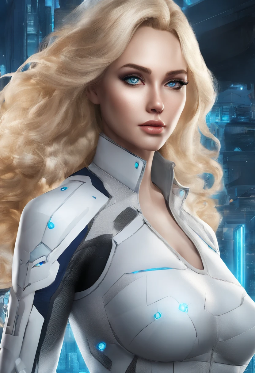 woman, Realistic character,coiffed blonde hair, White silk dress,Show the chest,Blue eyes, anime big breast, Alone, modern, cyber punk perssonage,fully body photo