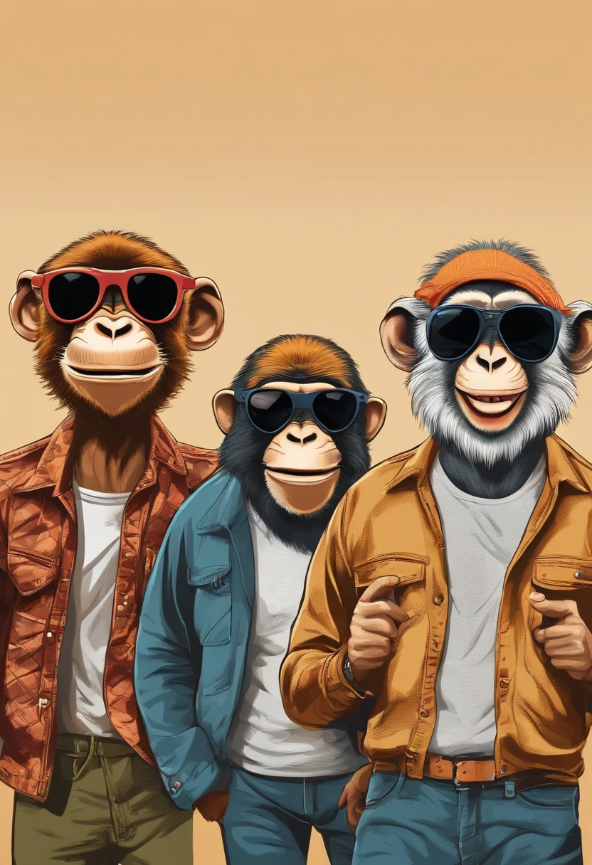 Three monkeys of different styles wearing sunglasses are laughing loudly with their teeth exposed, Background of clean colors, Professional vectors, full shot, in 8k resolution, Impressive illustrations