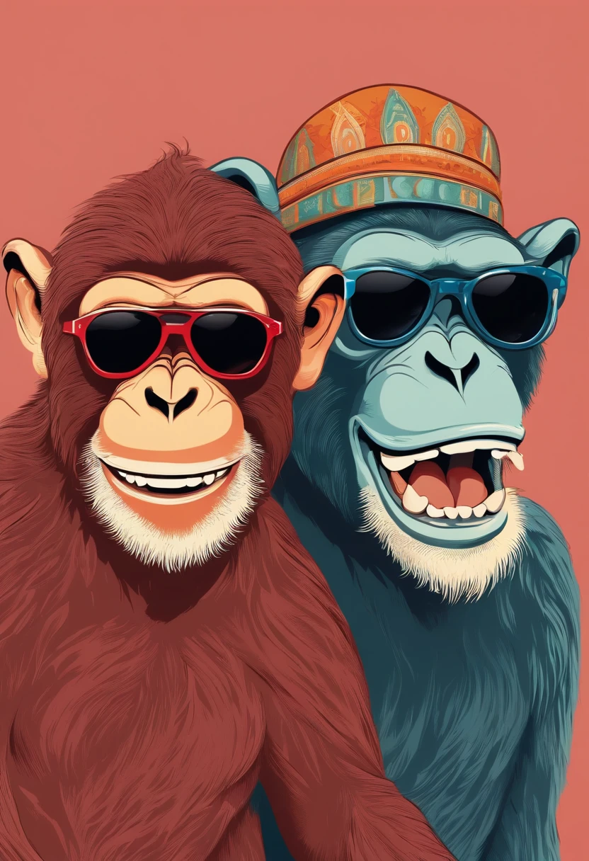 Three monkeys of different styles wearing sunglasses are laughing loudly with their teeth exposed, Background of clean colors, Professional vectors, full shot, in 8k resolution, Impressive illustrations