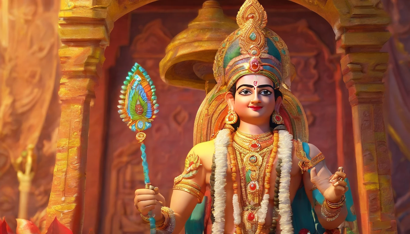 4k ultra, anime krishna, animekrishna, detailed face, detailed a close up of Lord Krishna holding a lit candle in his hands, hindu aesthetic, beautiful digital artwork, indian god, beautiful digital illustration, stunning digital illustration, beautiful avatar pictures, gorgeous digital painting, beautiful god, beautiful character painting, beautiful digital painting, artgerm and atey ghailan, beautiful lit, by Max Dauthendey, glowing flowing hair, peacock feathers on head, wearing a yellow cloth, big smile on his face