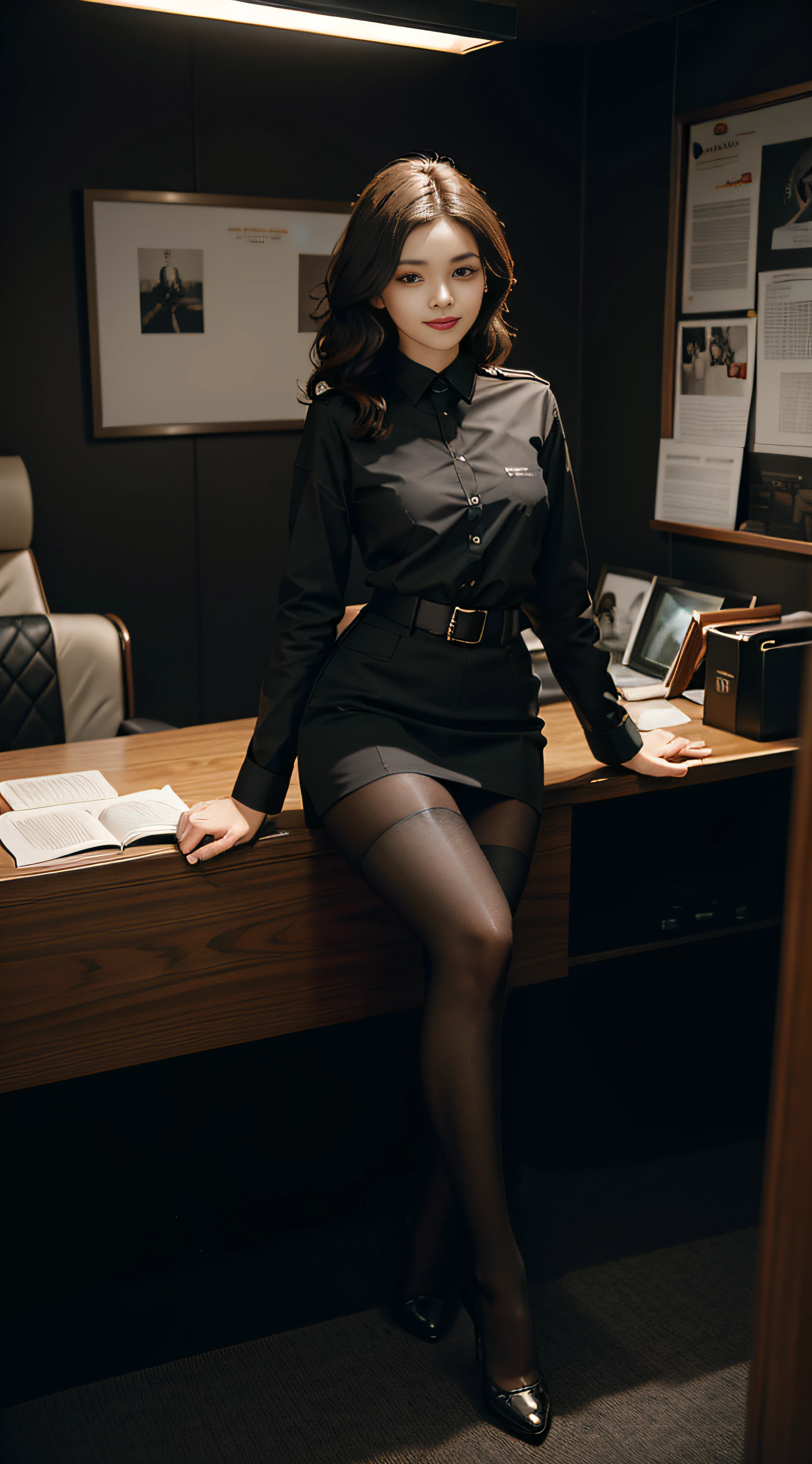 Best Quality, Full Body Portrait, Cinematic Texture Shot, Exquisite Face, Beautiful Face, 20 Year Old Woman, Smiling, Slim Figure, Small Bust, OL Uniform, Office Wear, Black Stockings, Interior Scene, Office, Seated