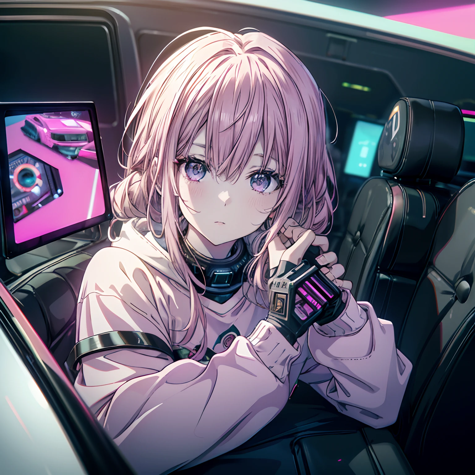 High angle photo of gorgeous young woman in cyberpunk style, Realistic skin texture, head looking up,Pink sweatshirt,Pose in the car, 1 / 2 Body cropping, 8 5mm art lens, f 1. 2, Sharp focus, 8 k high definition, insanely details, Intricate, elegant, Artwork by Stanley Lau and cyberpunk