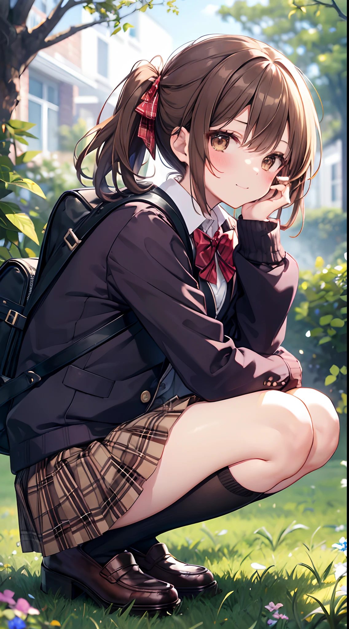 masterpiece, best quality, 1girl, solo, skirt, bag, outdoors, jacket, squatting, socks, shoes, looking at viewer, brown footwear, school uniform, plaid, loafers, blazer, brown hair, plaid skirt, black socks, long sleeves, bangs, open clothes, open jacket, bow, brown eyes, pleated skirt, bowtie, day, long hair, full body, bush, red bow, kneehighs, shirt, closed mouth, sleeves past wrists, backpack, hand on own face, red bowtie, black jacket, school bag, blush, plant, brown skirt, hand on own cheek, blurry, from side, hand up, looking to the side, collared shirt, miniskirt, white shirt, cardigan, grass, sweater, light smile