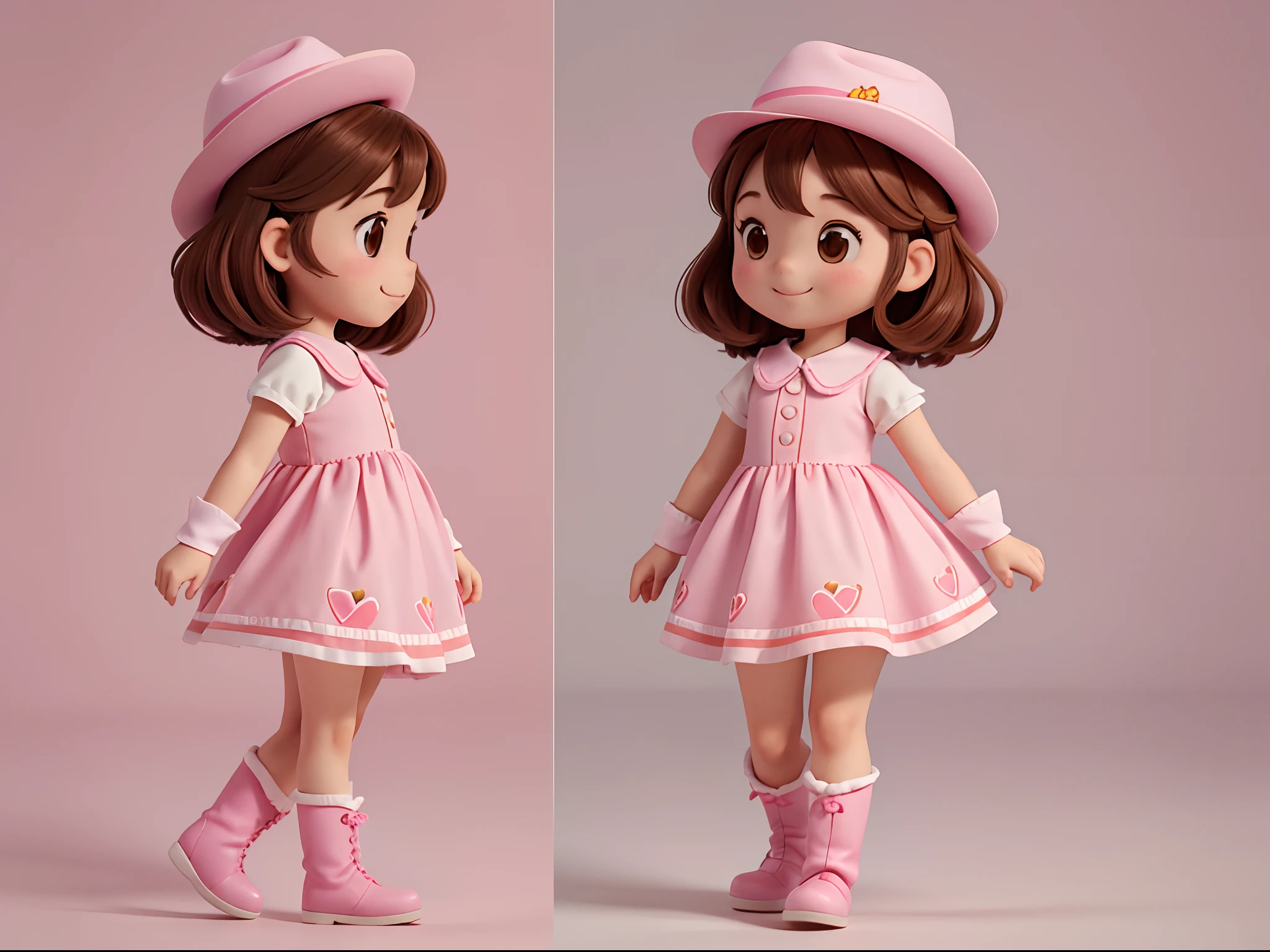 Profile picture of a little girl walking, character animation frames, identical character design in each frame, the girl is alone, happy, brown hair, brown eyes, rosy cheeks, pink cowboy outfit, pink hat, pink boots, vertical image, white background.