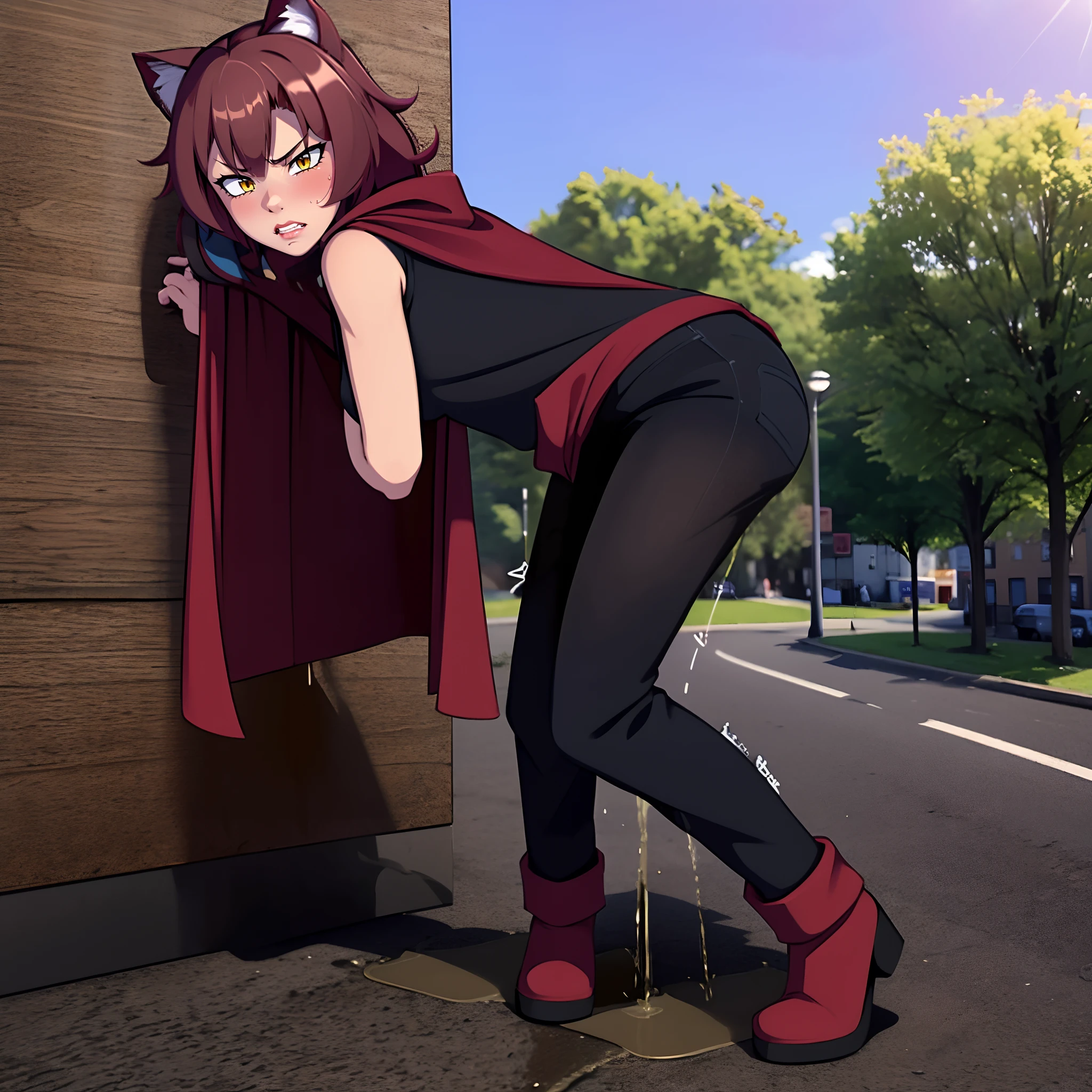 (masterpiece, top quality, best quality, highly detailed:1.2), (1girl), (solo), semi-realistic, photo of a cute and sexy catgirl standing and peeing on the ground, peeing self, having an accident, beautiful medieval town, outdoor, standing, ((pee stream)), (pee puddle), pee stain, wet pants, beige skintight pants, black high-heeled boots, indigo cloak, dark red sleeveless blazer, no bra, blush, trembling, embarrassed, angry, golden cat bell collar, ruby ring, red lipstick, red hair, red cat ears, red cat tail, yellow cat eyes, cat claws