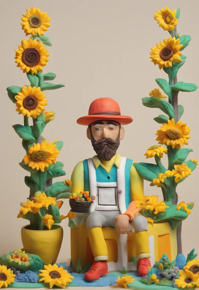 retrato dos homens, The garden is full of sunflowers, material de argila, estilo de design cartunesco, POP Mart, soft lighting, linhas suaves, Spring tilt, detailed science fiction illustrations, Detalhes hiper-realistas, cor quente