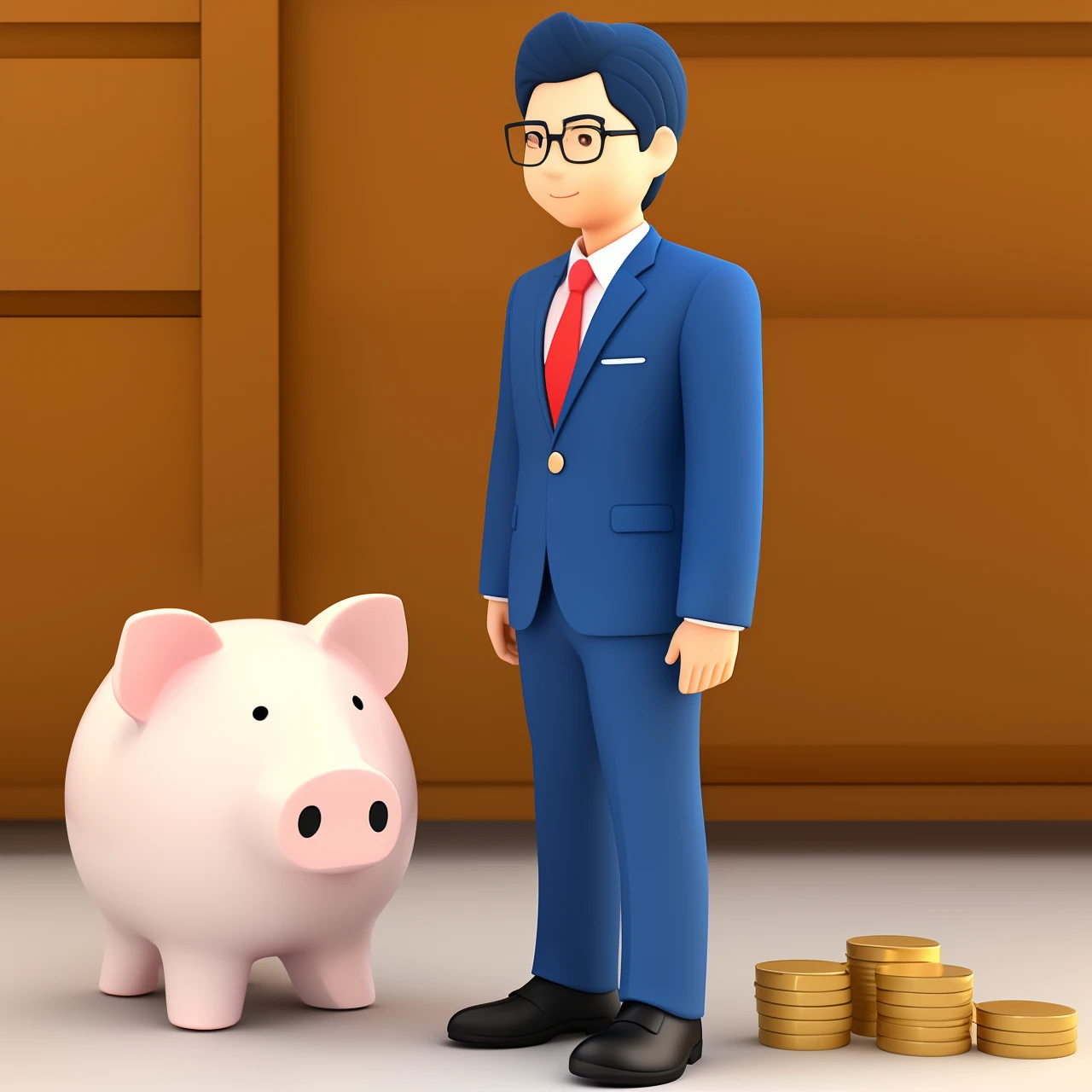 3d cartoon businessman standing with piggy bank