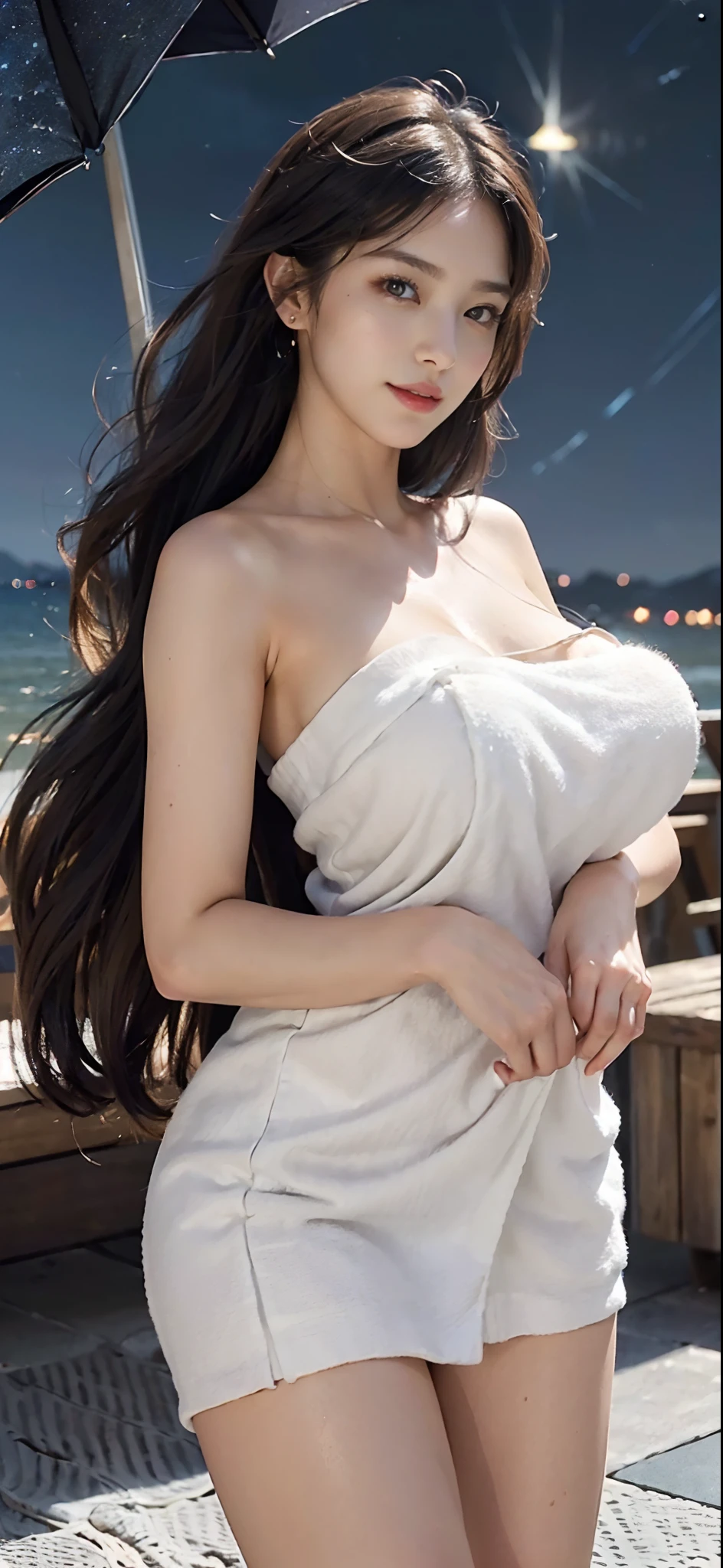 (((masterpiece:1.4, Best Quality:1.4, 8K, ultra high res, Physically Based Rendering))), full body Portrait, ultra Beautiful Sexy Woman, very pretty Japanese women, perfect body:1.1, 24yo, solo, Detailed large eyes, detailed thin eyebrows, Highlights in the eyes, ((light brown very long straight hair:1.1, hair behind ears)), strong wind blows her hair, Highly detailed facial and skin texture, Crisp focus, Clear focus:1.2, Slender beauty:1.4, ((gigantic breasts:1.6))), Slim abs, oval-face, light makeup, Clear facial features, ((smile:1.2)), (((naked towel:1.3))), flip the towel herself and breasts exposed, (((detailed beautiful pussy exposed:1.4, open pussy:1.2, pubic hair:1.3, SEX, semen dropping from the pussy:1.2)))), long beauty legs, full body shot, standing with spreading legs wide:1.2, stick out one's buttocks:1.4, looking at viewer, ((from above:1.4)), from the front, ((sex on the moonlit beach:1.4)), (starry sky full of stars:1.5),