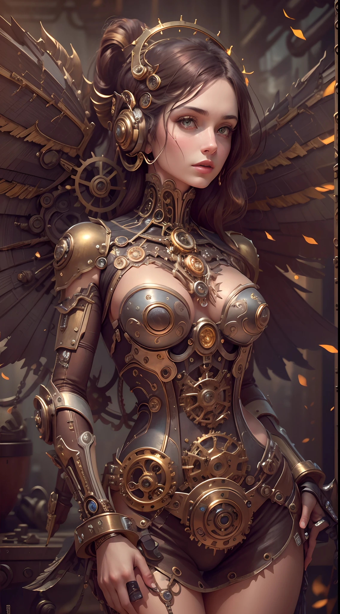 (Best quality,4K,A high resolution,Masterpiece:1.2),Ultra-detailed,(Realistic:1.37) Girl with mechanical parts,steampunk wind,Delicate clockwork details,Brass gears and gears,Beautiful and intricate design,(Mechanical wings),Glowing eyes and glowing tattoos,Gorgeous metal corsets and skirts,Elegant and elegant gesture,Industrial background with smoky atmosphere,Soft warm lighting,Vintage color palette,The human body and mechanical elements are perfectly integrated