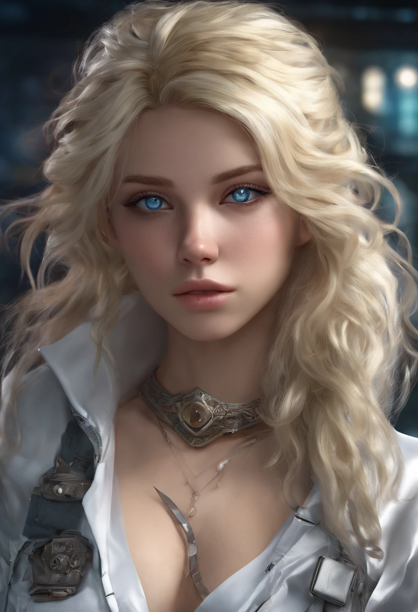 woman, Realistic character,coiffed blonde hair, White silk dress,Show the chest,Blue eyes, anime big breast, Alone, modern, cyber punk perssonage,fully body photo