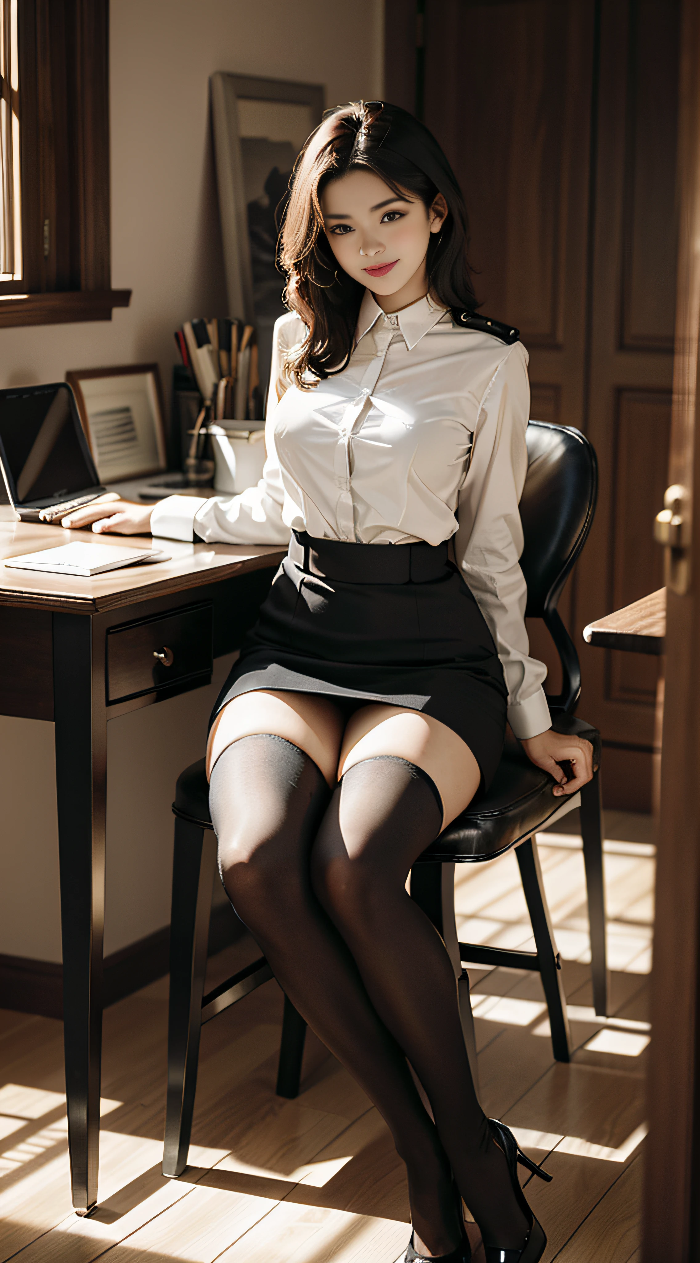 Best Quality, Full Body Portrait, Cinematic Texture Shot, Exquisite Face, Beautiful Face, 20 Year Old Woman, Smiling, Slim Figure, Small Bust, OL Uniform, Office Wear, Black Stockings, Interior Scene, Office, Seated