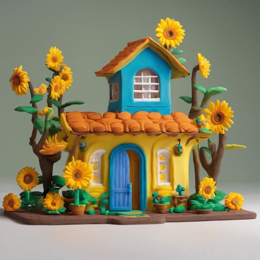 Casa Girassol Gloria Studio, The garden is full of sunflowers, material de argila, estilo de design cartunesco, POP Mart, soft lighting, linhas suaves, lente tilt-shift, detailed science fiction illustrations, Detalhes super realistas, cor quente
