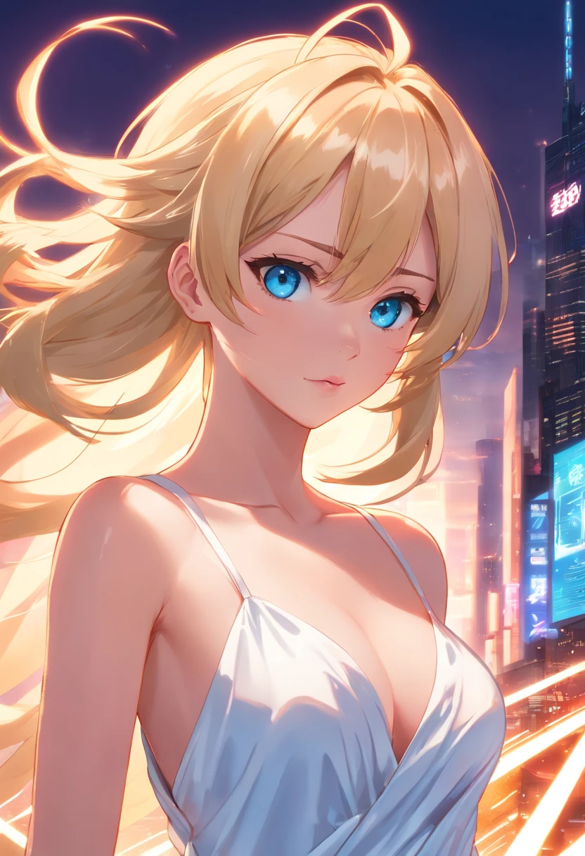 woman, Realistic character，coiffed blonde hair, White silk dress，Show the chest，Blue eyes, anime big breast, Alone, modern, cyber punk perssonage，fully body photo