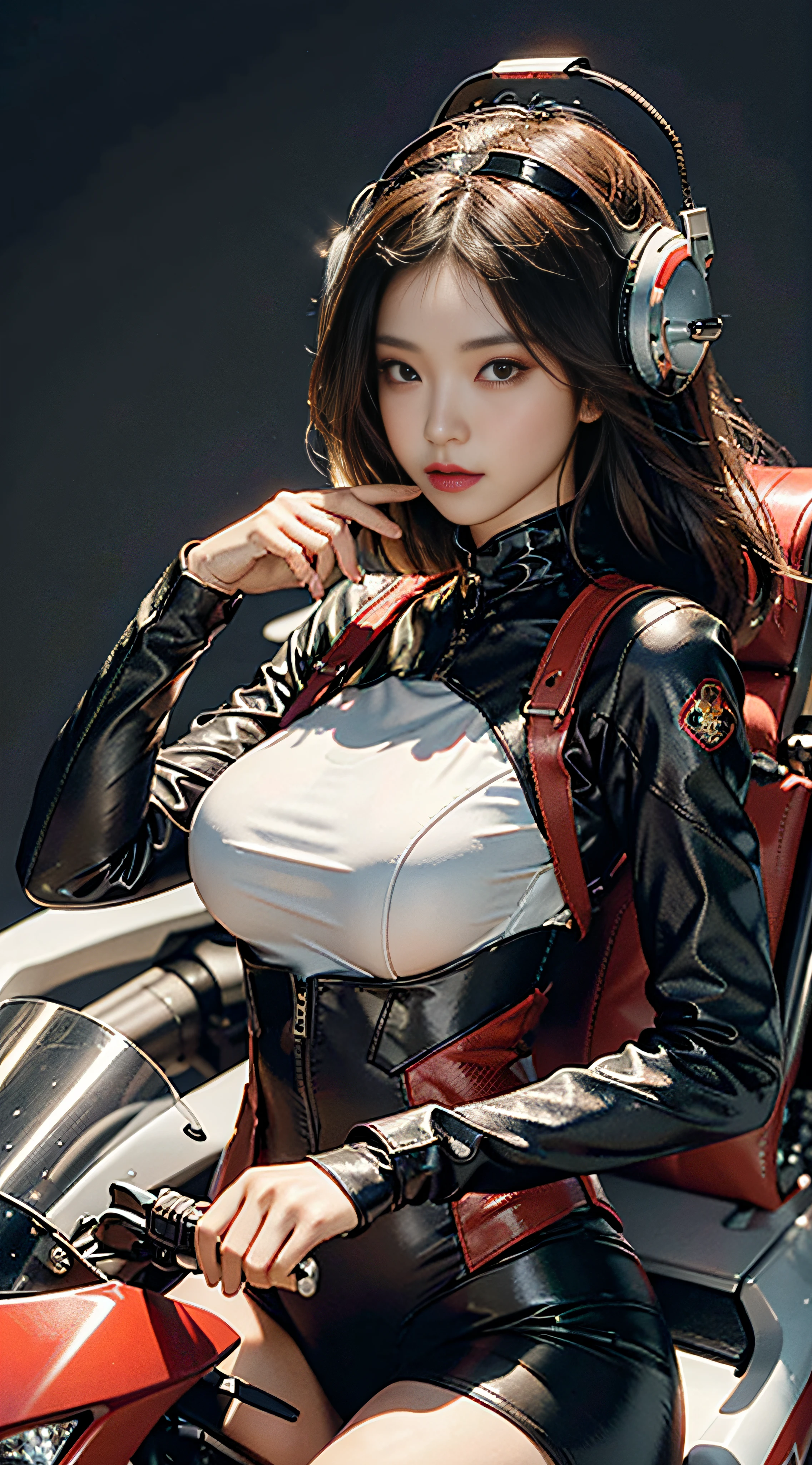 The highest image quality，Excellent detail，超高分辨率，（真实感：1.4），The best illustrations，Favor detail，Highly concentrated 1girl，exquisite and beautiful face，huge boob，The upper body is dressed in black and red tights，There is no opening in the chest，wearing a mech helmet，Hold the direction controller，riding a motorcycle，the background is a high-tech lighting scene of the city of the future。