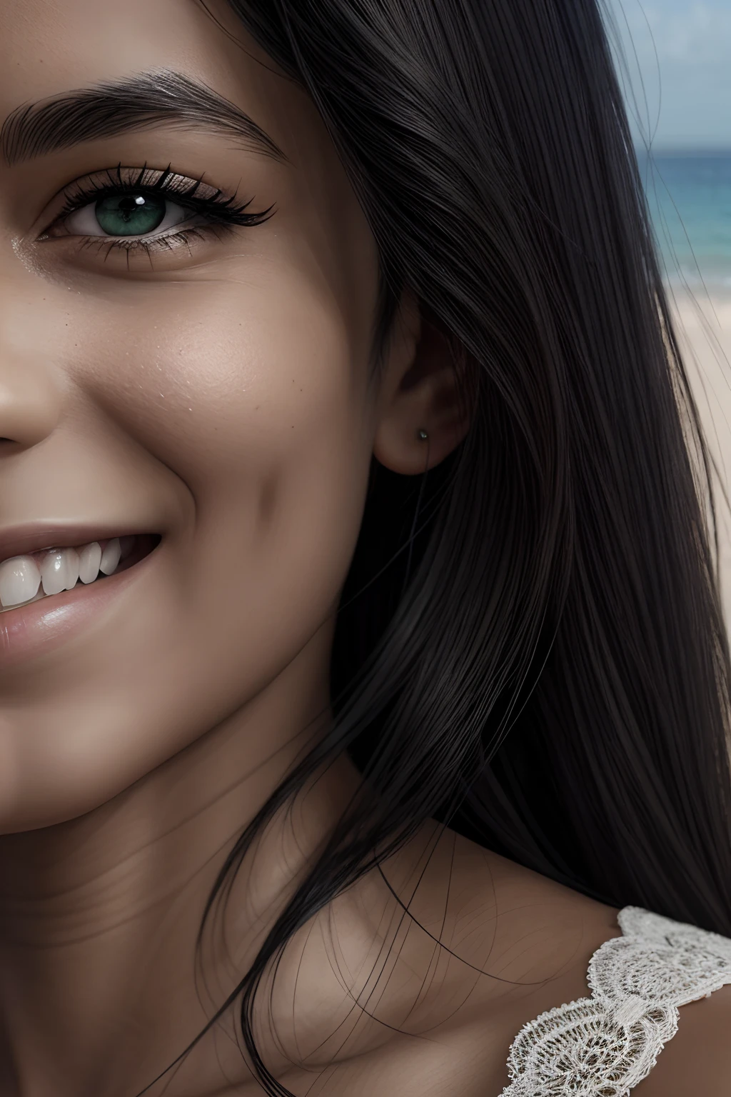 r18, Lani Kala, A close-up of a girl with a floral dress, girl portrait, Retrato suave disparado 8K, Young african girl, 9 years old, hermosa joven, Pintura digital ultra realista, linda joven, Retrato de chica hermosa, Retrato muy bonito, Retrato de alta calidad, Arte digital ultra realista, looking at viewer, green eyes, eyes reflect, long black hair, beach background, smiling, hair reflects, hyperrealism, lifelike, realistic pores on the skin, realistic eyelashes, realistic skin