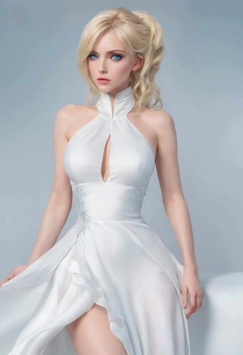 woman, Realistic character,coiffed blonde hair, White silk dress,Show the chest,Blue eyes, anime big breast, Alone, modern, cyber punk perssonage,fully body photo