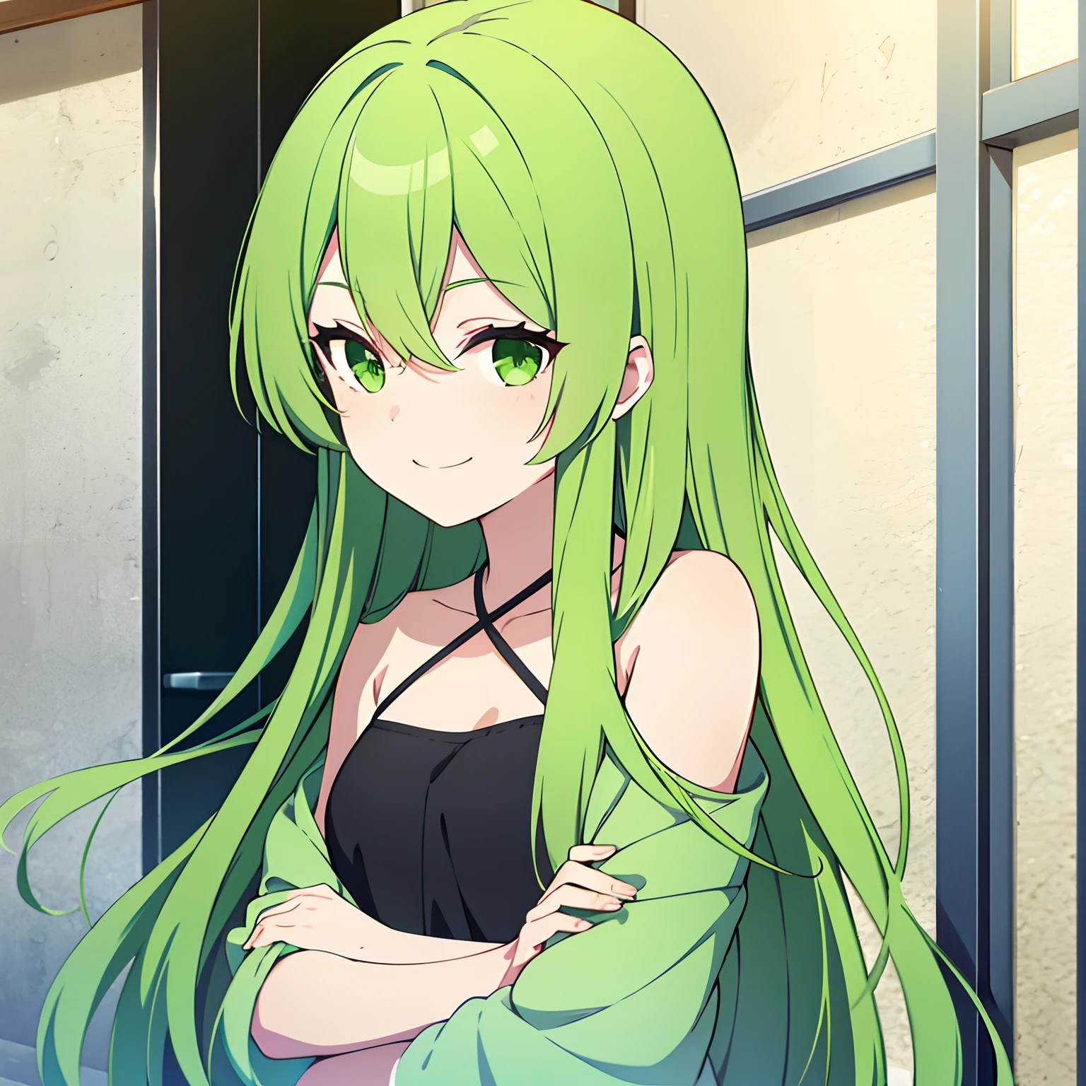 Long green hair,Girl with green eyes,with smile,Wear casual clothes