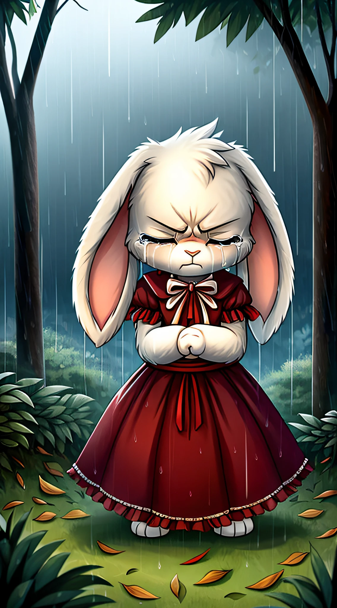 zoomed out image, fantasy style art, cute, adorable, short character, small, tiny little fluffy female white bunny, eyes shut, 4 ears, 2 extra ears, big floppy ears, long ears, ears perked up, raised ears, long eyelashes, poofy rabbit tail, wearing a red frilly ribbon dress, sad, alone, lonely, standing and bawling in the forest, angry pose, fists raised, fists clenched, loud sobbing, tears, open frown, grimace, big frown, crying eyes, lonely, gloomy grey visuals, raining, stormy, blowing leaves, leaves on the ground, destroyed plants, digital illustration