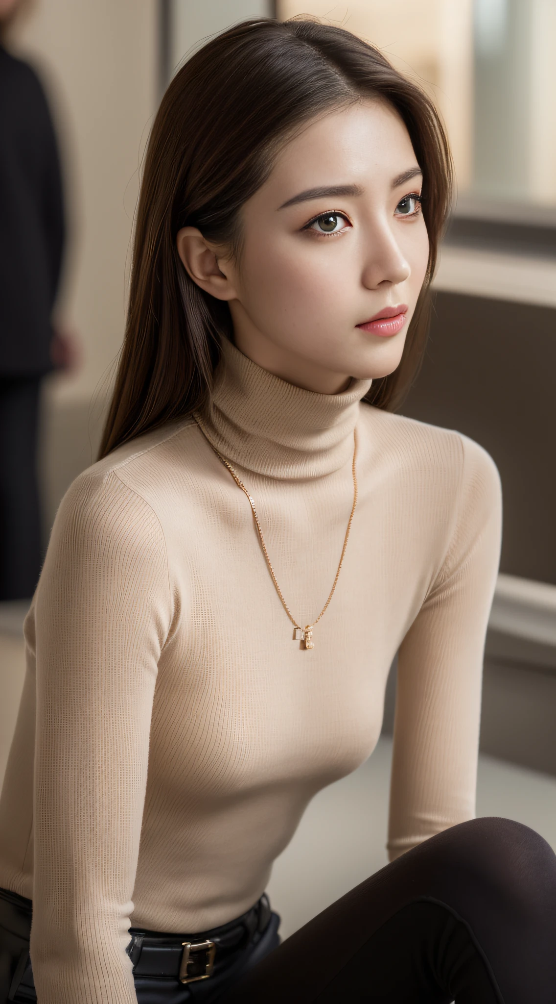 ((Day, Best quality, 8k, Masterpiece:1.3, Realistic)), Whole body, Long legs:1.2, Sharp Focus:1.2, A pretty woman with perfect figure, Slender abs, ((1 girl, Long dark brown hair, Medium breasts)), ((Long tight turtleneck, Fancy necklace, Long tight pants, Sitting:1.4, Airport hallway)), (Dynamicposes:1.2, Soft lighting, Looking at viewers, Side angle view, Fashionable), Single shot, Highly detailed face and skin texture, Detailed eyes, Double eyelid