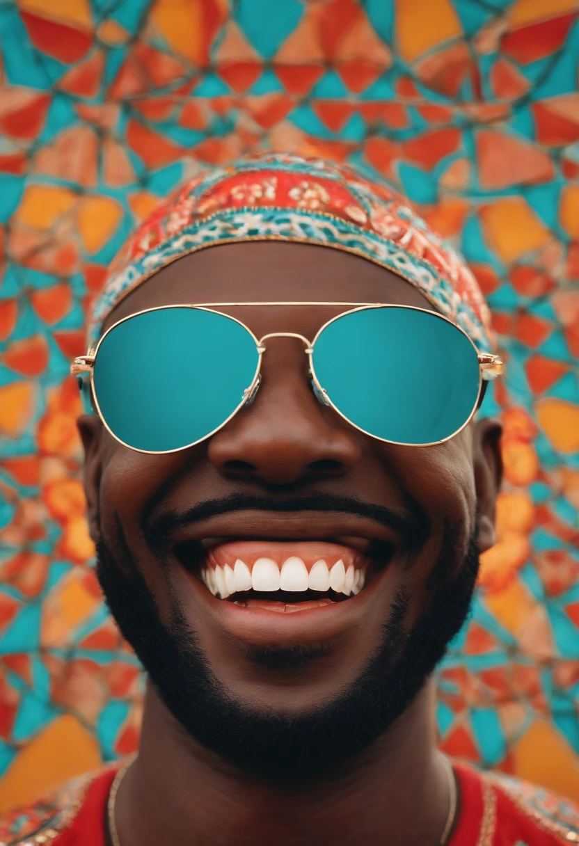 "sunglasses, The mouth of a smiling person showing his teeth, The rest is a neat background that is not visible"