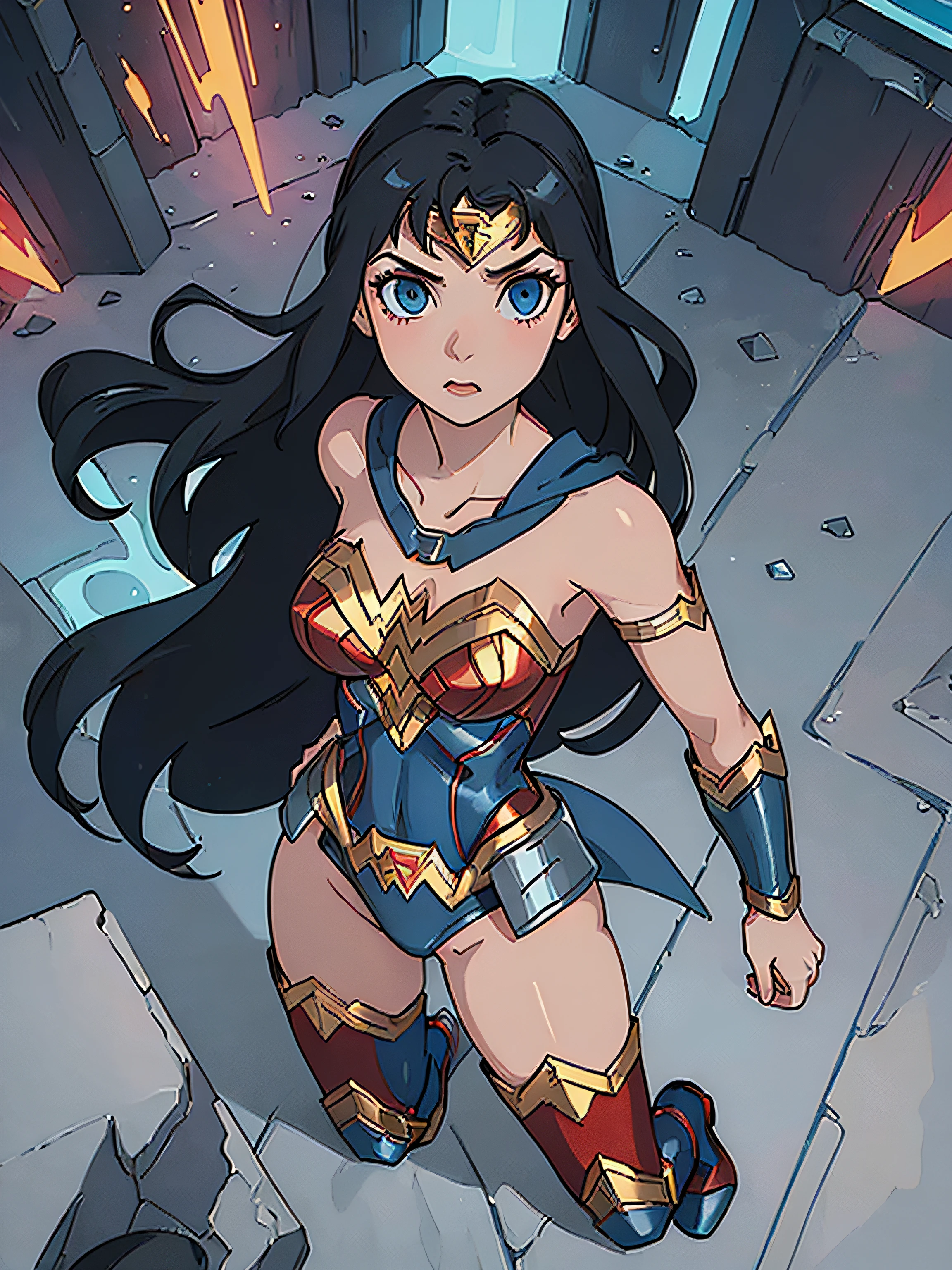 (masterpiece, best quality:1.4), cinematic light, colorful, high contrast, (1girl), Wonder Woman, Justice League Unlimited, Silver-metallic bracers, black hair, Red and blue leotard, No leggings, large breasts, blue eyes, looking at viewer, golden armor, full body, red and white boots