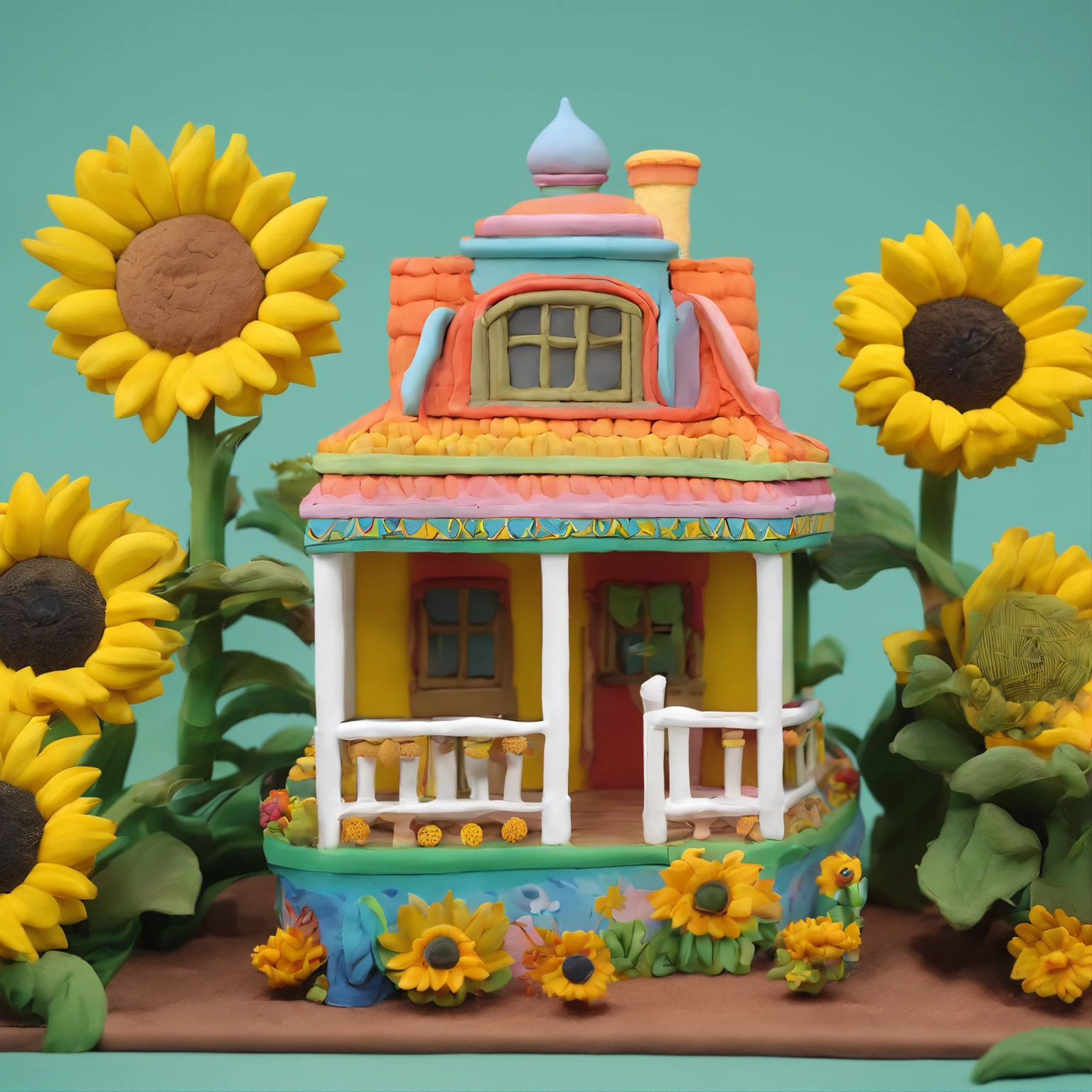 Casa Girassol Gloria Studio, The garden is full of sunflowers, material de argila, estilo de design cartunesco, POP Mart, soft lighting, linhas suaves, lente tilt-shift, detailed science fiction illustrations, Detalhes super realistas, cor quente