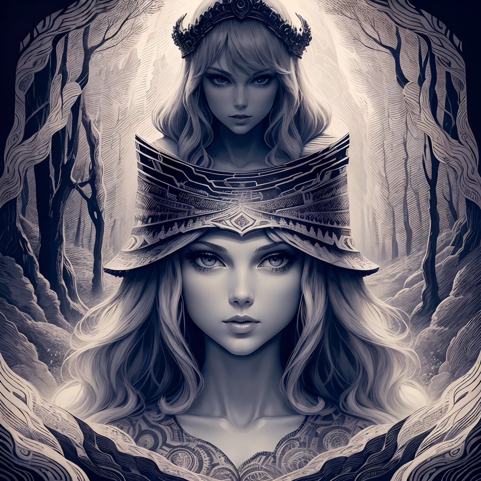 2️⃣ taylor swift's 'the labyrinth' front cover by joe dimaggio, in the style of intricate psychedelic landscapes, monochrome painting, hand-drawn animation, emily carr, woodcut, mountainous vistas, coded patterns --ar 9:16 --s 50