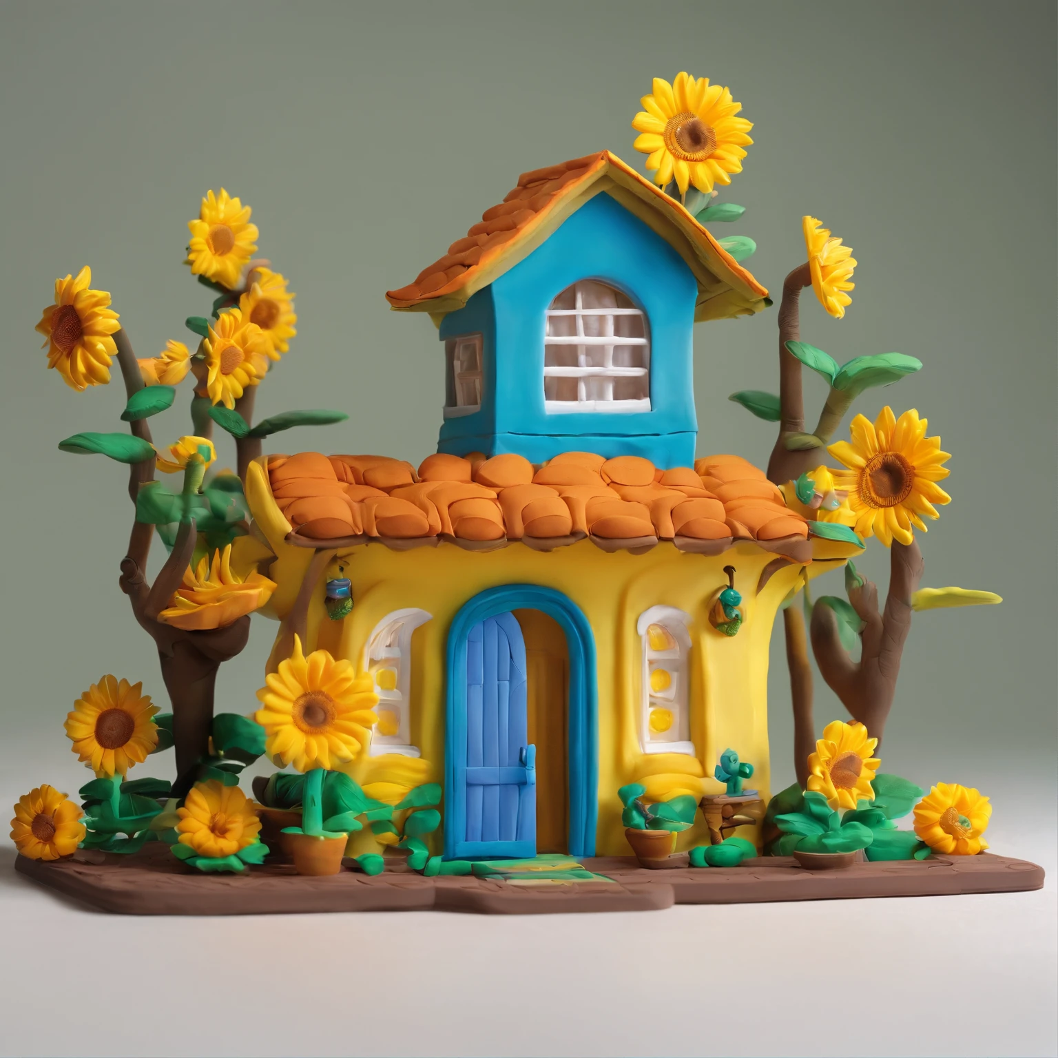 Casa Girassol Gloria Studio, The garden is full of sunflowers, material de argila, estilo de design cartunesco, POP Mart, soft lighting, linhas suaves, lente tilt-shift, detailed science fiction illustrations, Detalhes super realistas, cor quente