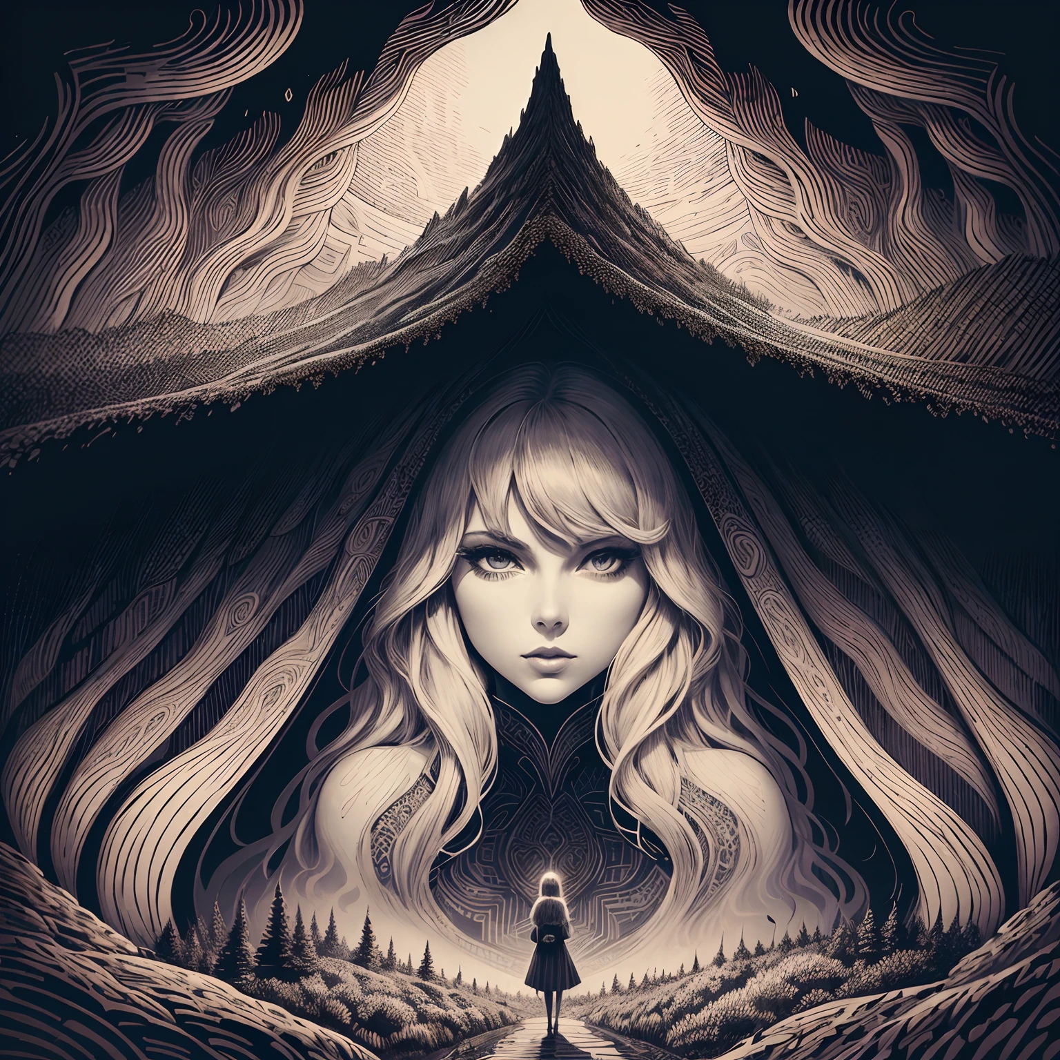 2️⃣ taylor swift's 'the labyrinth' front cover by joe dimaggio, in the style of intricate psychedelic landscapes, monochrome painting, hand-drawn animation, emily carr, woodcut, mountainous vistas, coded patterns --ar 9:16 --s 50