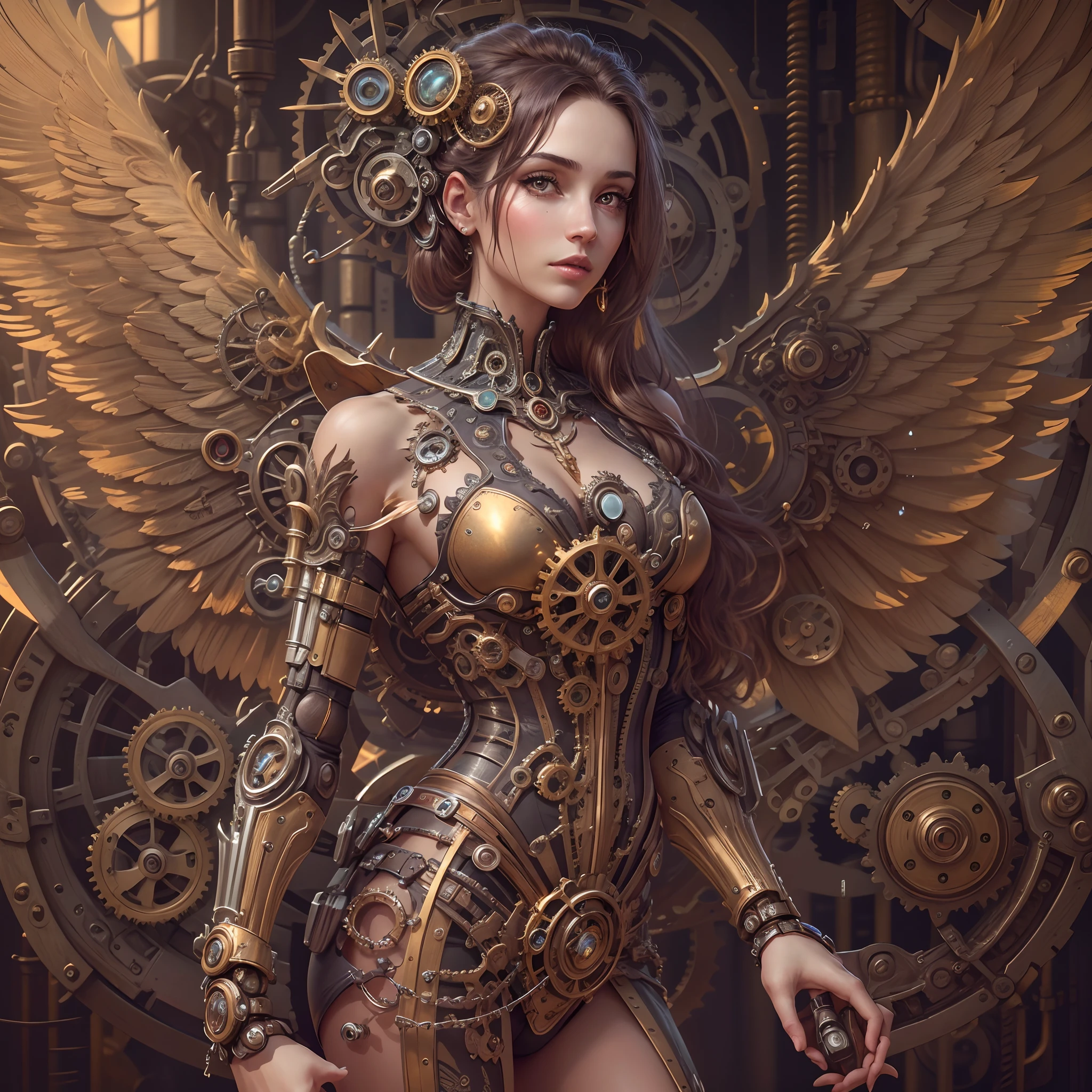 (Best quality,4K,A high resolution,Masterpiece:1.2),Ultra-detailed,(Realistic:1.37) Girl with mechanical parts,steampunk wind,Delicate clockwork details,Brass gears and gears,Beautiful and intricate design,(Mechanical wings),Glowing eyes and glowing tattoos,Gorgeous metal corsets and skirts,Elegant and elegant gesture,Industrial background with smoky atmosphere,Soft warm lighting,Vintage color palette,The human body and mechanical elements are perfectly integrated