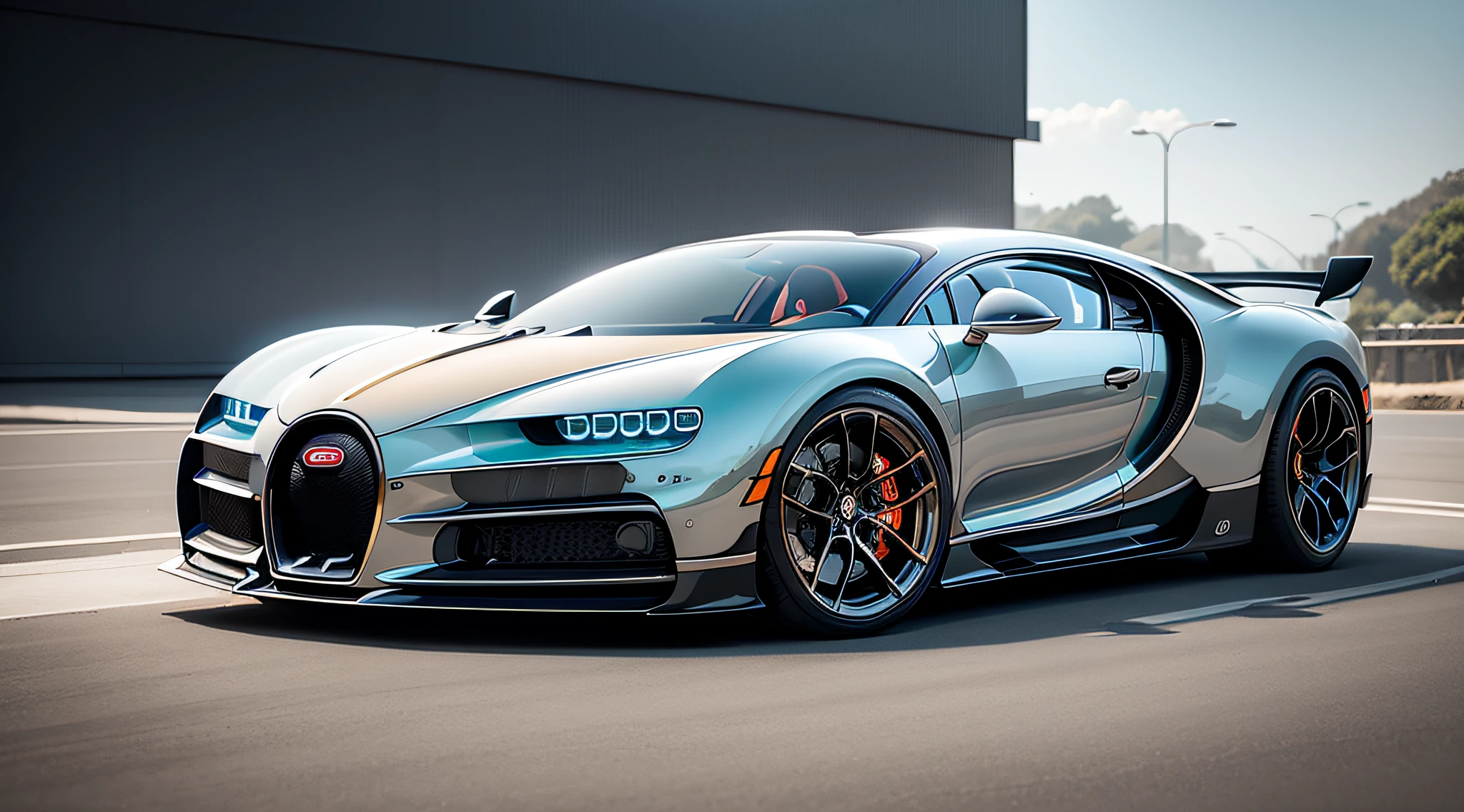 Create futuristic design cars Bugatti Chiron Super Sportgoing in the opposite direction with a mansorycar inspired dock with silver metal with gold trim and carbon colored hulls and a gray teak deck with bikini beauties on deck, 5pm