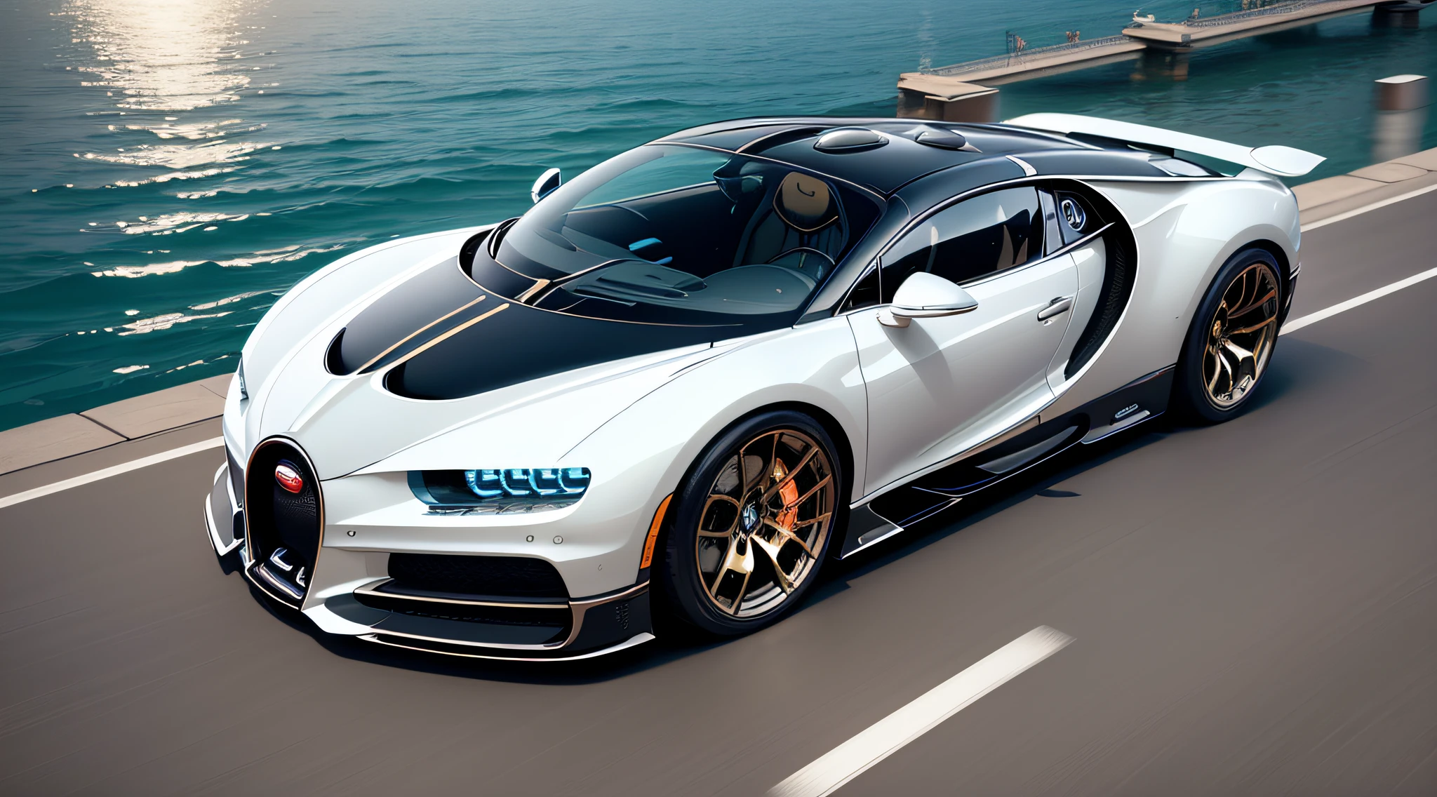Create futuristic design cars Bugatti Chiron Super Sportgoing in the opposite direction with a mansorycar inspired dock with silver metal with gold trim and carbon colored hulls and a gray teak deck with bikini beauties on deck, 5pm