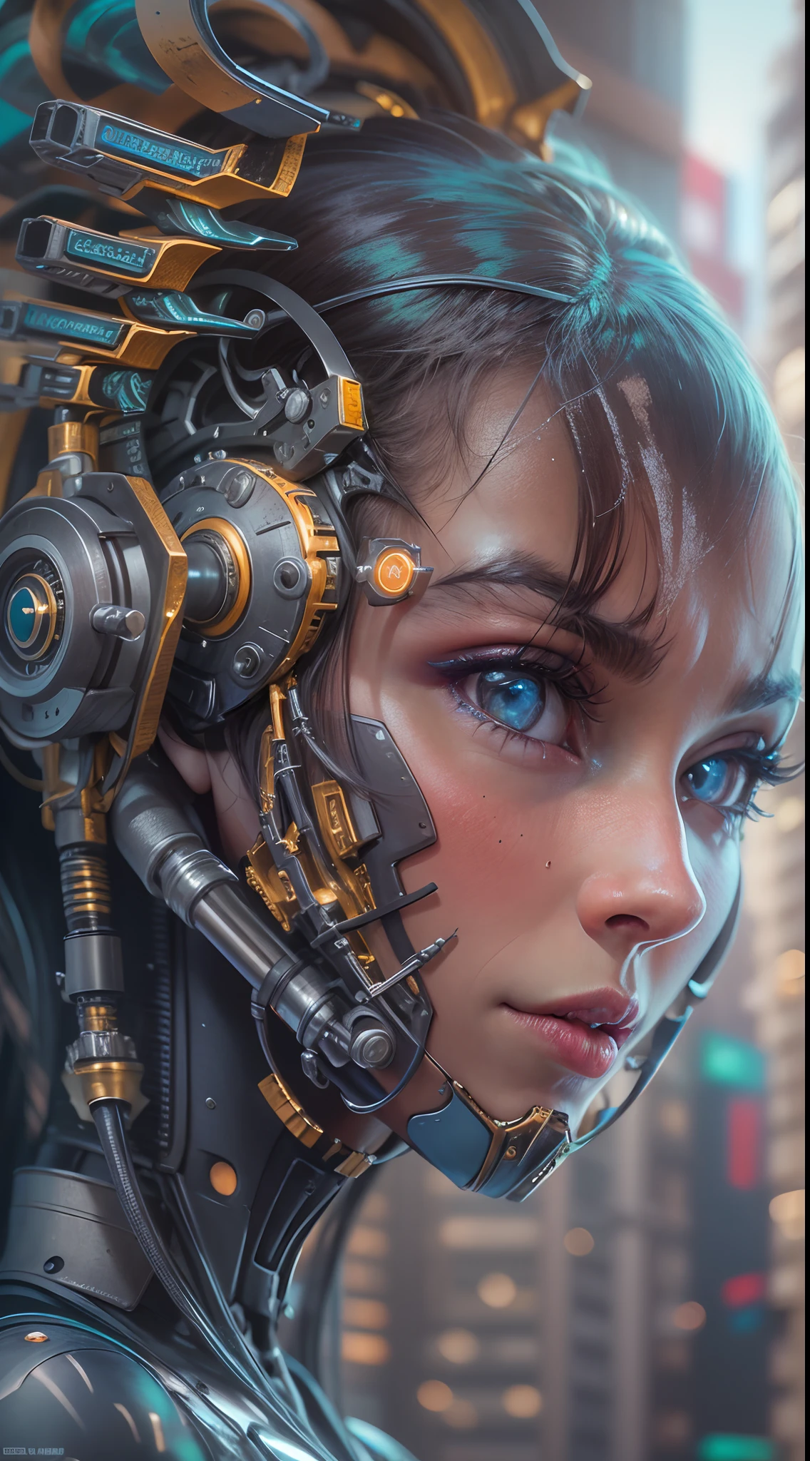 motor irreal:1.4,UHD,La mejor calidad:1.4, fotorrealista:1.4, textura de la piel:1.4, obra maestra:1.8,A mechanical girl of the future,Metal reluciente,Brilliant robotic movements,ethereal,futuristic tech,Inteligencia artificial avanzada,Cityscape illuminated with neon lights,Metal exoskeleton,rasgos faciales altamente detallados,brillantes ojos LED,Meticulously crafted faux leather,Moda futurista extravagante,flotando sobre el suelo,Explorando el paisaje urbano,futuristic tech,Exquisite craftsmanship,Metal limbs with intricate designs,Seamless integration of humans and machines,surrealista,Otherworldly atmosphere,Utopian cityscape in the backdrop,Armamento avanzado integrado en su cuerpo,emitiendo un brillo suave y vibrante,Mirada expresiva y cautivadora,Fuerza sobrehumana y agilidad,Adoptar una postura de confianza y poder,High-resolution portrait with vibrant colors and intricate details,impresionante,Impresionantes obras de arte. (La mejor calidad,4k,8k,Altas Resoluciones,obra maestra:1.2),ultra detallado,(realista,fotorrealista,fotorrealista:1.37),HDR,UHD,Studio lighting,Pintura ultrafina,foco nítido,physically based representation,extreme detail description,profesional,vivid colors,Bokeh,retratos,Artistas conceptuales