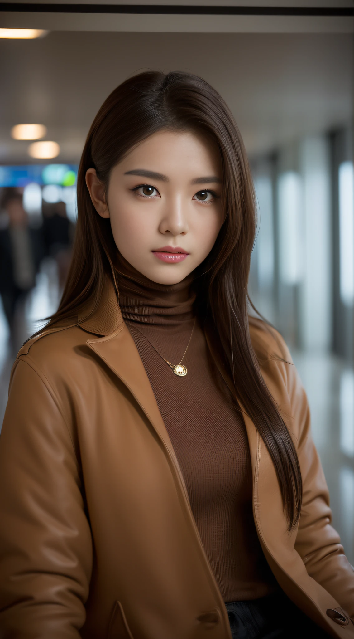 ((Day, Best quality, 8k, Masterpiece:1.3, Realistic)), Whole body, Long legs:1.2, Sharp Focus:1.2, A pretty woman with perfect figure, Slender abs, ((1 girl, Long dark brown hair, Medium breasts)), ((Long tight turtleneck, Padded jacket, Fancy necklace, Long tight pants, Sitting:1.4, Airport hallway)), (Dynamicposes:1.2, Soft lighting, Looking at viewers, Side angle view, Fashionable), Single shot, Highly detailed face and skin texture, Detailed eyes, Double eyelid