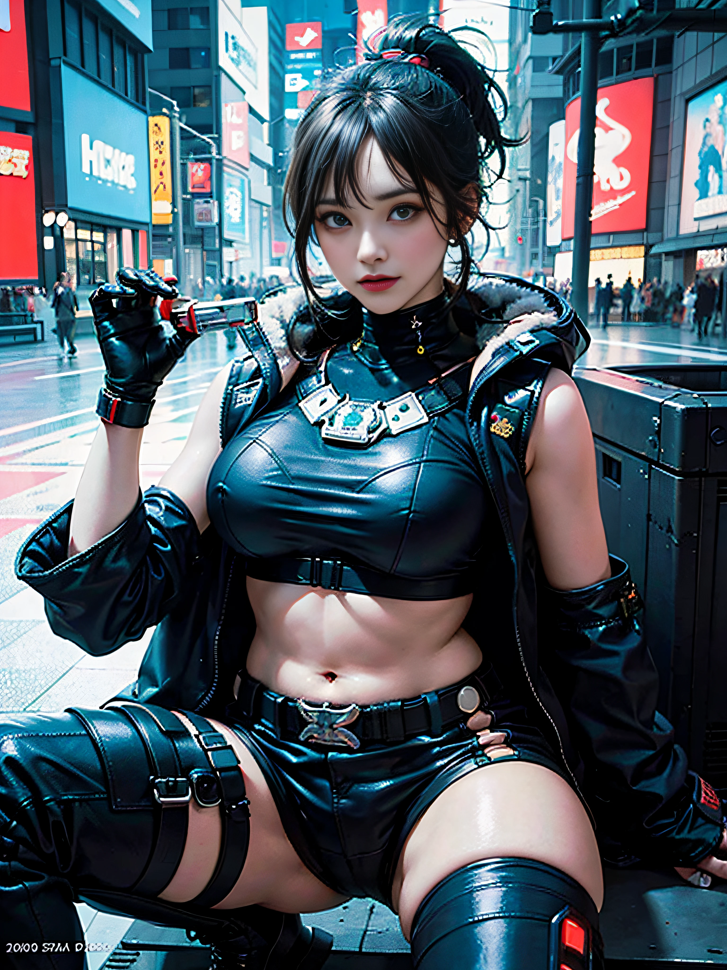 1 girl, best quality, highres, textured skin, 8k, Anatomically correct, masterpiece:1.2, photo-realistic:1.2, acrobatic pose, super realistic details, Realistic proportions, extremely detailed face, round face, solid circle eyes, chubby girl, curvy:1.2, looking at viewer, (((Cyberpunk female special forces soldier, highly intricate detail cyberpunk special forces costume:1.5, heavy Armed girl:1.5, cyberpunk combat armor with various decorations:1.5, special forces crest:1.5, She has an mechanical laser gan:1.2, modern equipment, tactical vest ,military harness, magazine belt, mechanical parts, Telecommunications equipment, survival knife,))) Confident smile, Various stylish ponytail, huge breasts, gleaming skin, TOKYO of cyberpunk, 2080s, night scene, Beautiful Neon Lights, No people in the background, A scene from a movie, cinematic lighting, cinematic shadows, vibrant colors, feminine yet authoritative, attention to facial features and makeup, depth of field, Futurism,mix4,Spread legs while lying