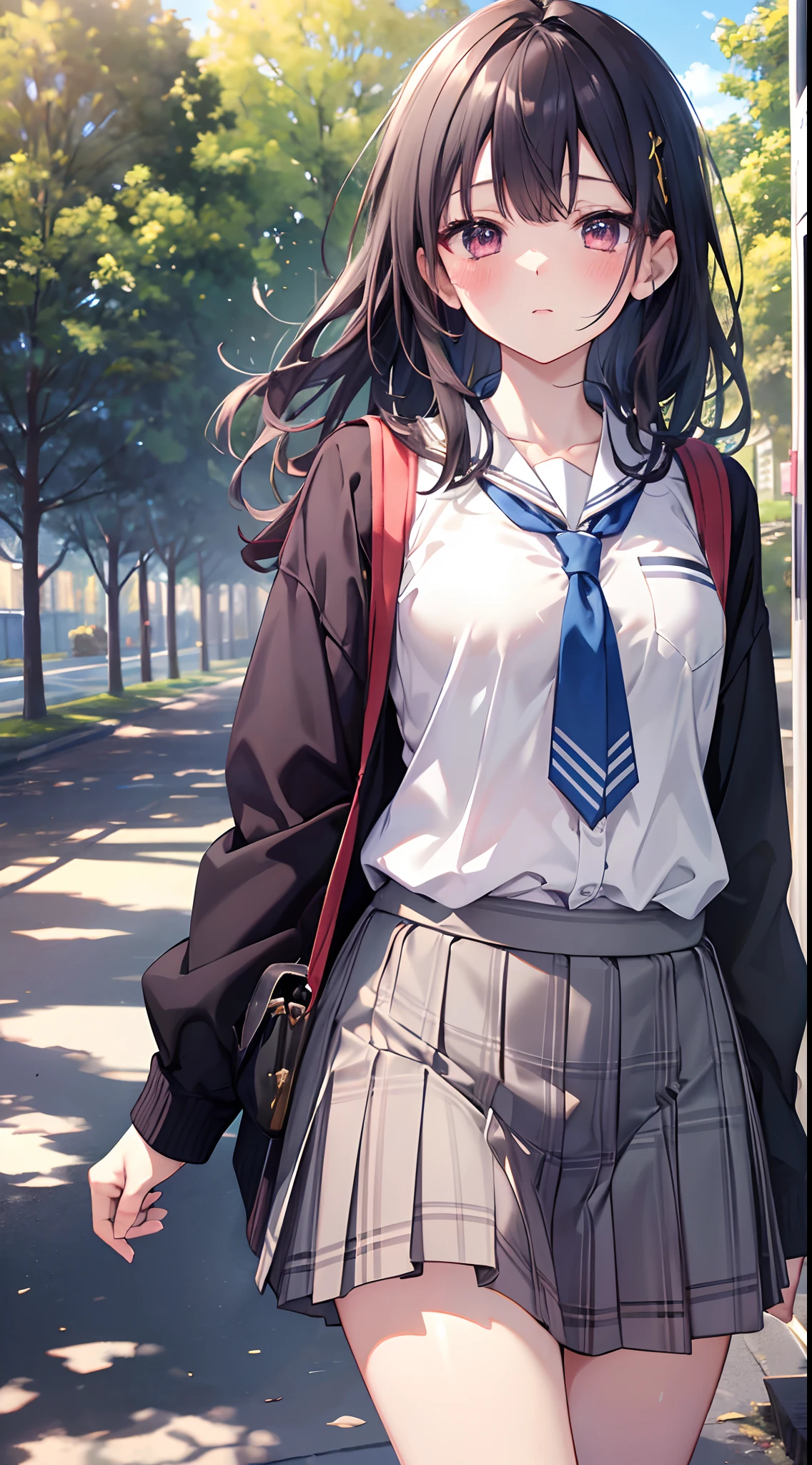 ogiwara sayu, 1girl, solo, school uniform, long sleeves, skirt grey, blush, (absurdres), (highres), looking at viewer, walking in the park, (extremely detailed CG unity 8k wallpaper,masterpiece, best quality, ultra-detailed)